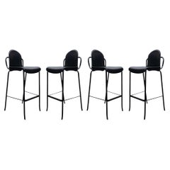Vier Willy Rizzo Style Schwarz Leder Tubular Cidue Barhocker Mid-Century Modern