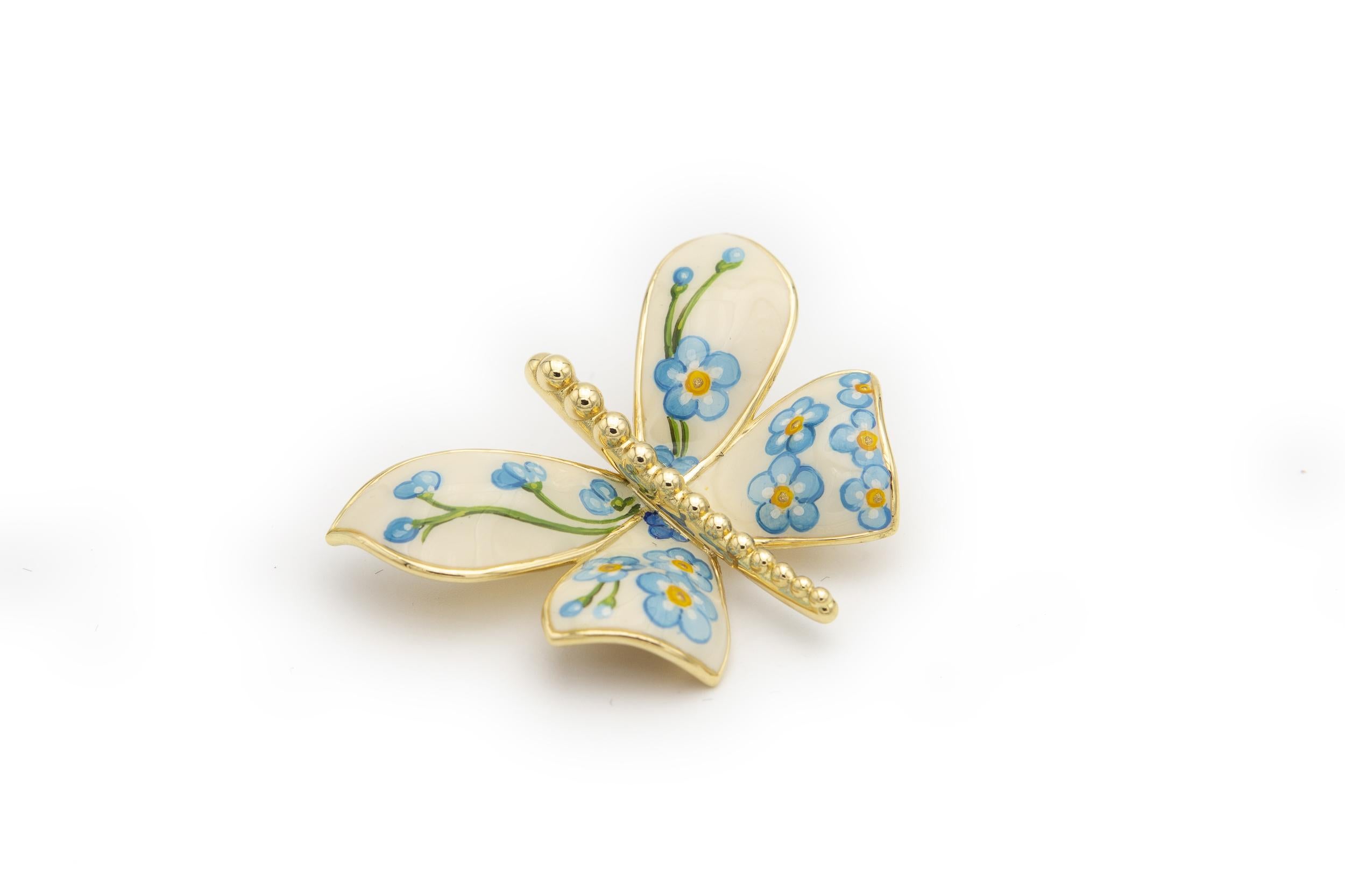 Women's Four wings 18 kt gold brooch big Butterfly with floral miniature enamel For Sale