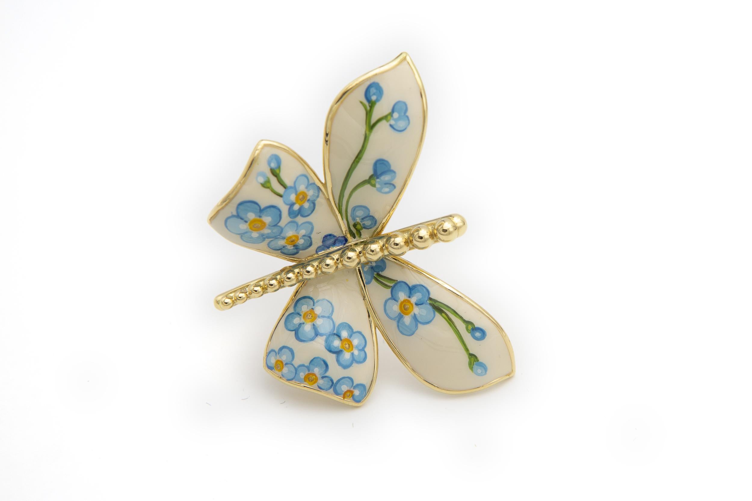Four wings 18 kt gold brooch big Butterfly with floral miniature enamel For Sale 1
