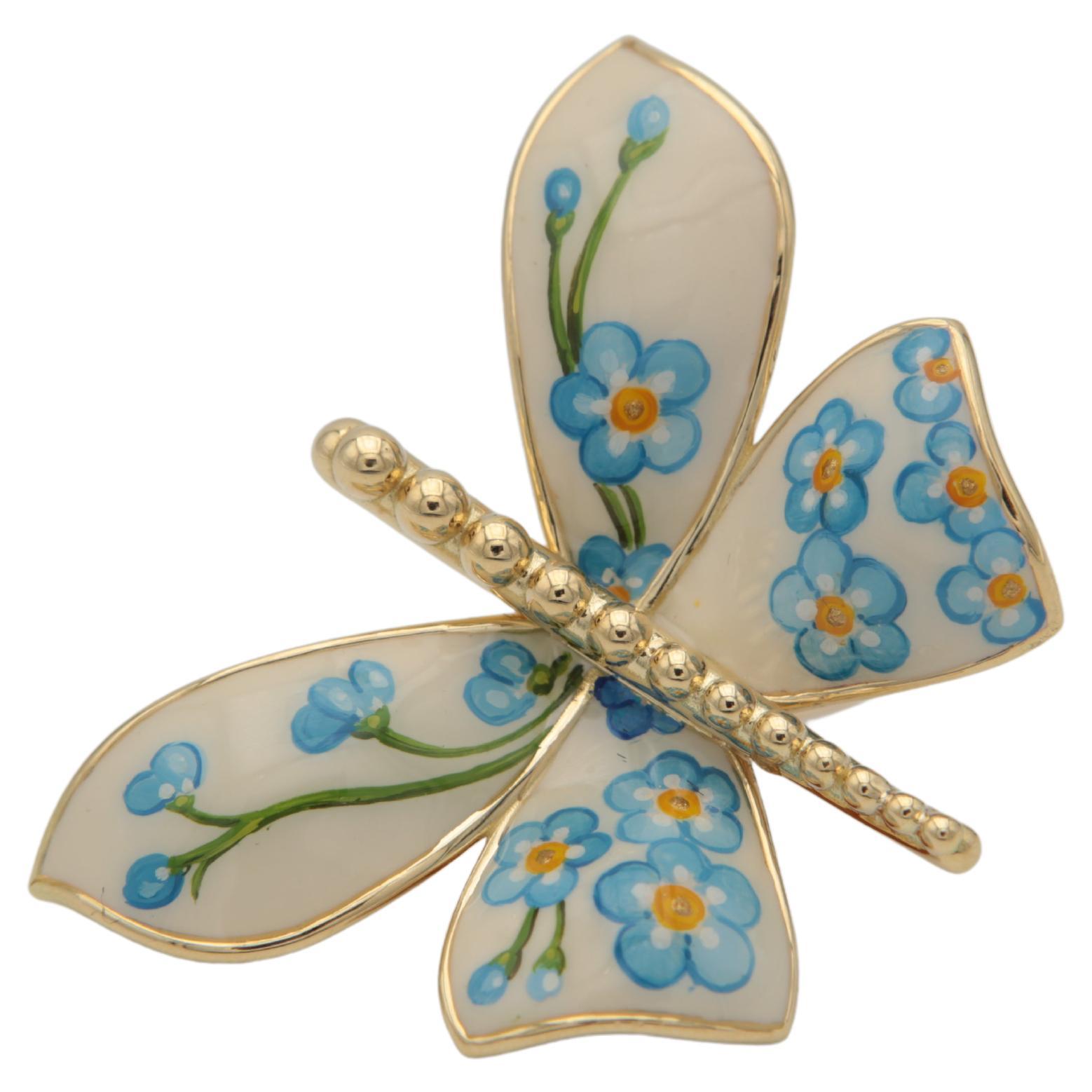 Four wings 18 kt gold brooch big Butterfly with floral miniature enamel For Sale