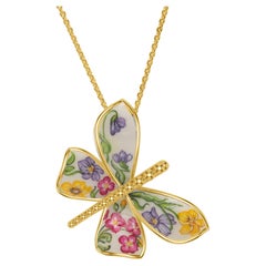 Four wings 18kt gold necklace big Butterfly Flora with floral miniature enamel