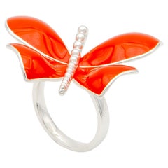 Four wings 18kt white gold ring little Butterfly with red coral enamel Bella