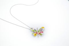 Four wings 925 silver necklace big Butterfly Flora with floral miniature enamel