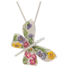 Four wings 925 silver necklace big Butterfly Flora with floral miniature enamel