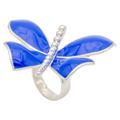 Four wings 925 silver ring big Butterfly with blue enamel Astrid