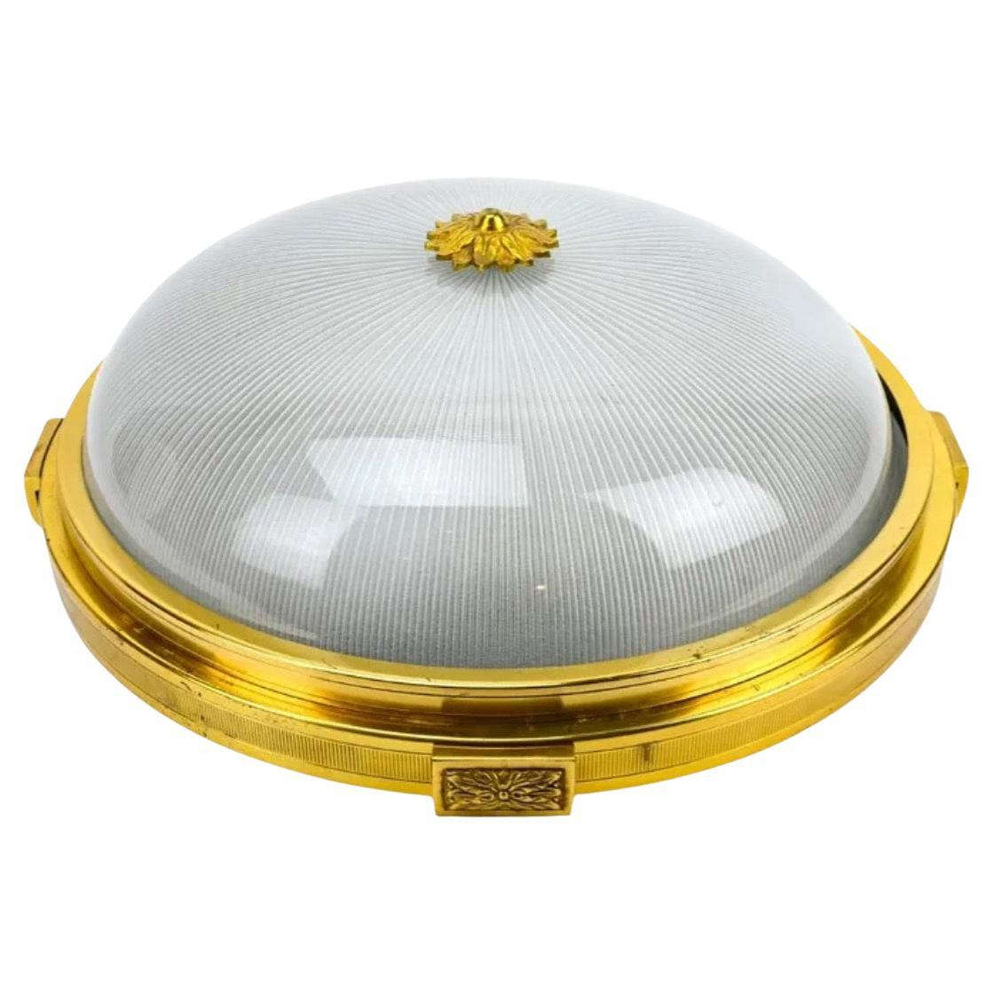 A Wonderful French Dore Bronze Flush Mount Plafoniere Ceiling Light Fixture With A Starburst Frosted Ribbed Glass Shade In The Manner And Style Of Sherle Wagner.

We Currently Have 4 Available, Each Sold Separately 
Measurements:
6