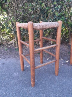 Four Wood and Straw High Stools