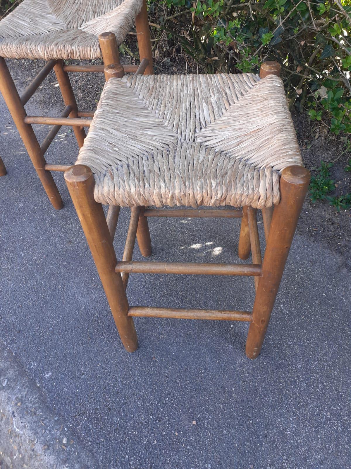 Four Wood and Straw High Stools For Sale 1