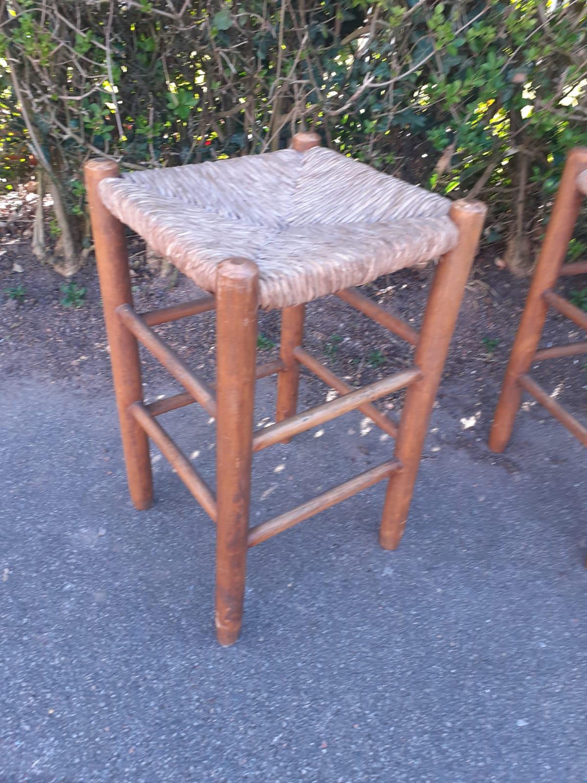 Four Wood and Straw High Stools For Sale 2