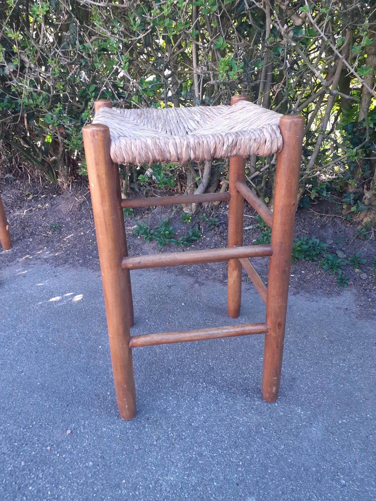Four Wood and Straw High Stools For Sale 3