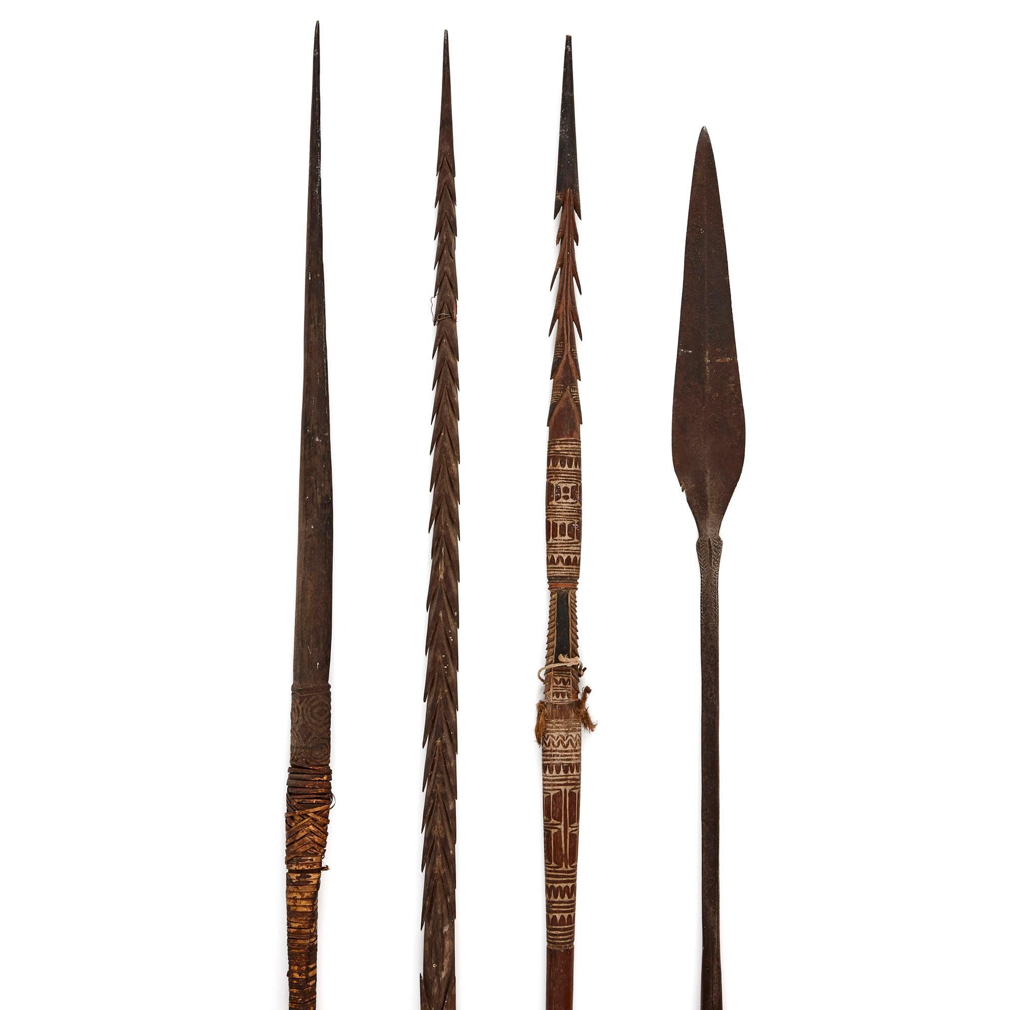 Four wooden and iron hunting spears from Africa
African, early 20th century
Measures: Largest height 275cm, diameter 3.5cm
Smallest: Height 173cm, width 5.5cm, depth 2cm

This eclectic group contains four antique African hunting spears, each