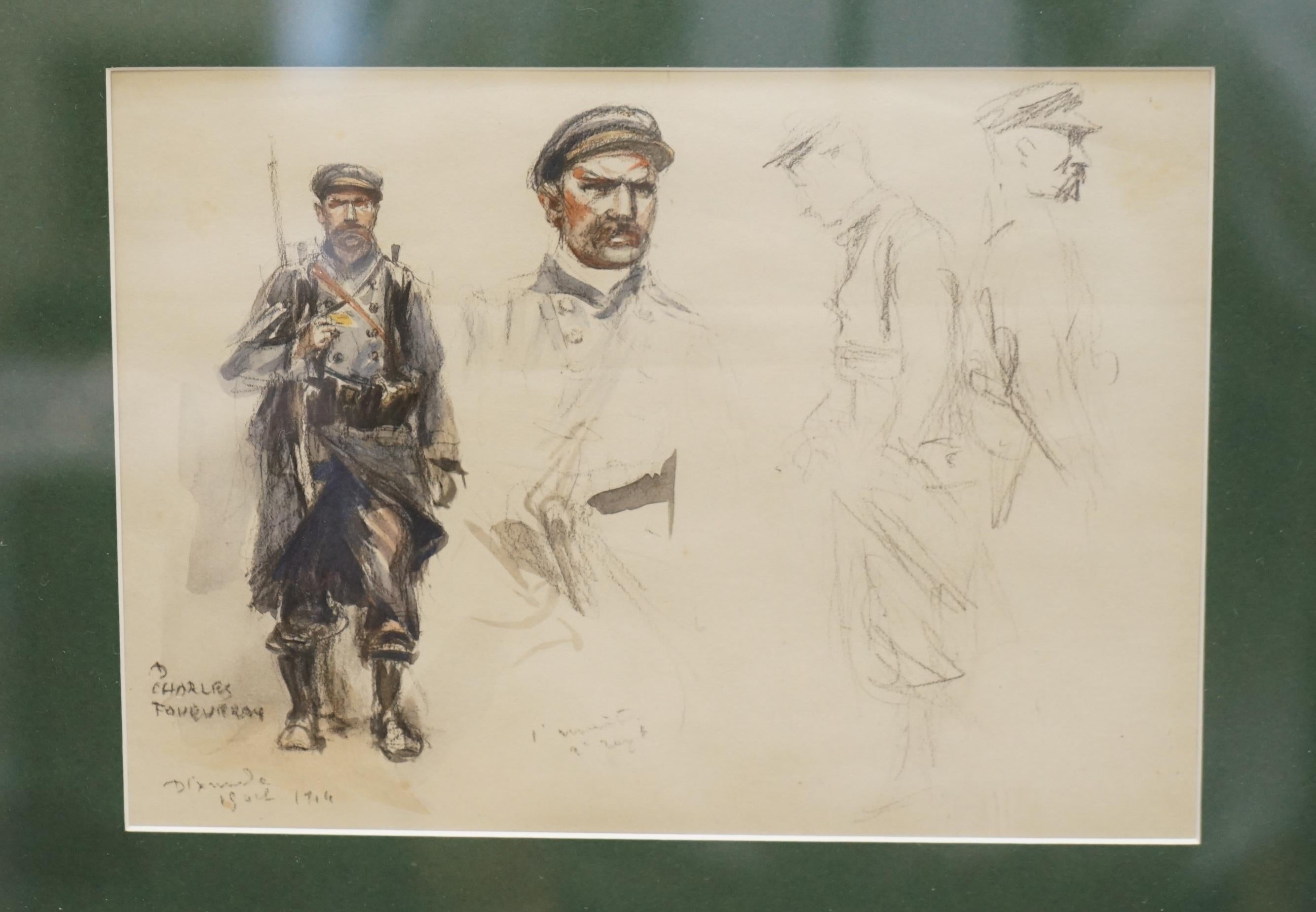 Fait main Quatre croquis à l'aquarelle de la Première Guerre mondiale signés Charles Dominique Fouquerary 1914 en vente