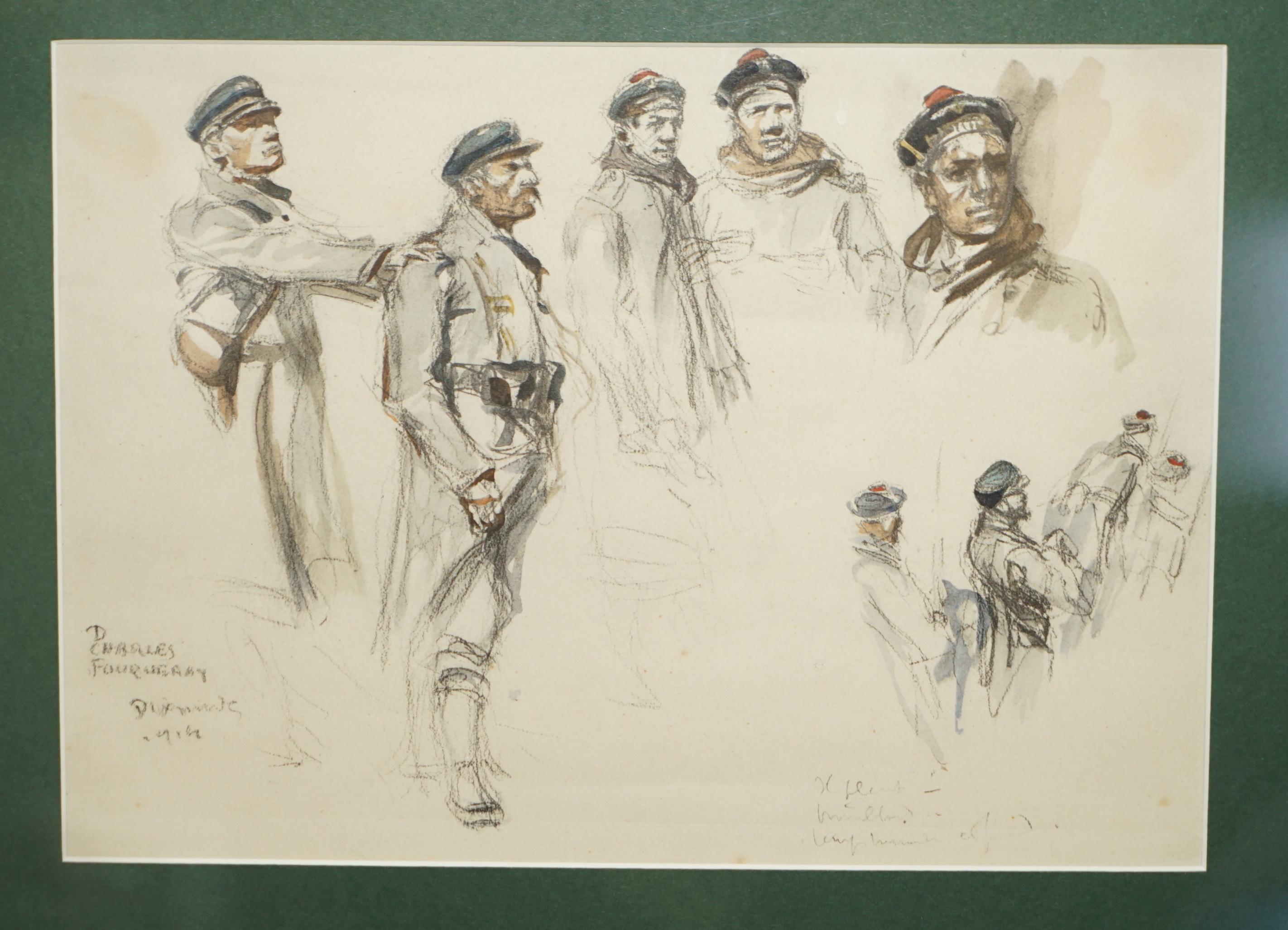 Oak Four World War I Signed Charles Dominique Fouquerary 1914 Water Colour Sketches For Sale