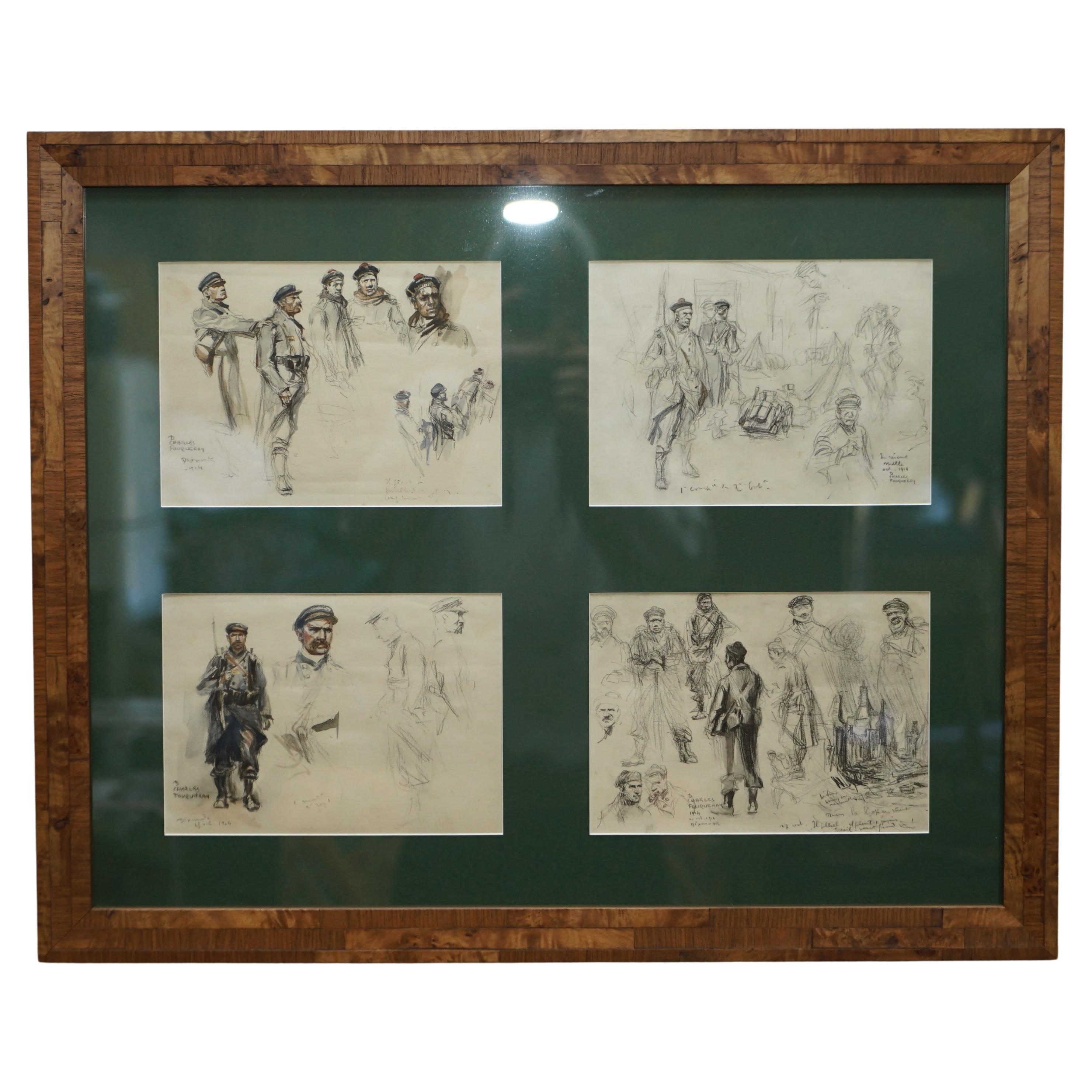 Quatre croquis à l'aquarelle de la Première Guerre mondiale signés Charles Dominique Fouquerary 1914
