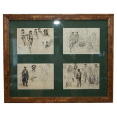 Quatre croquis à l'aquarelle de la Première Guerre mondiale signés Charles Dominique Fouquerary 1914