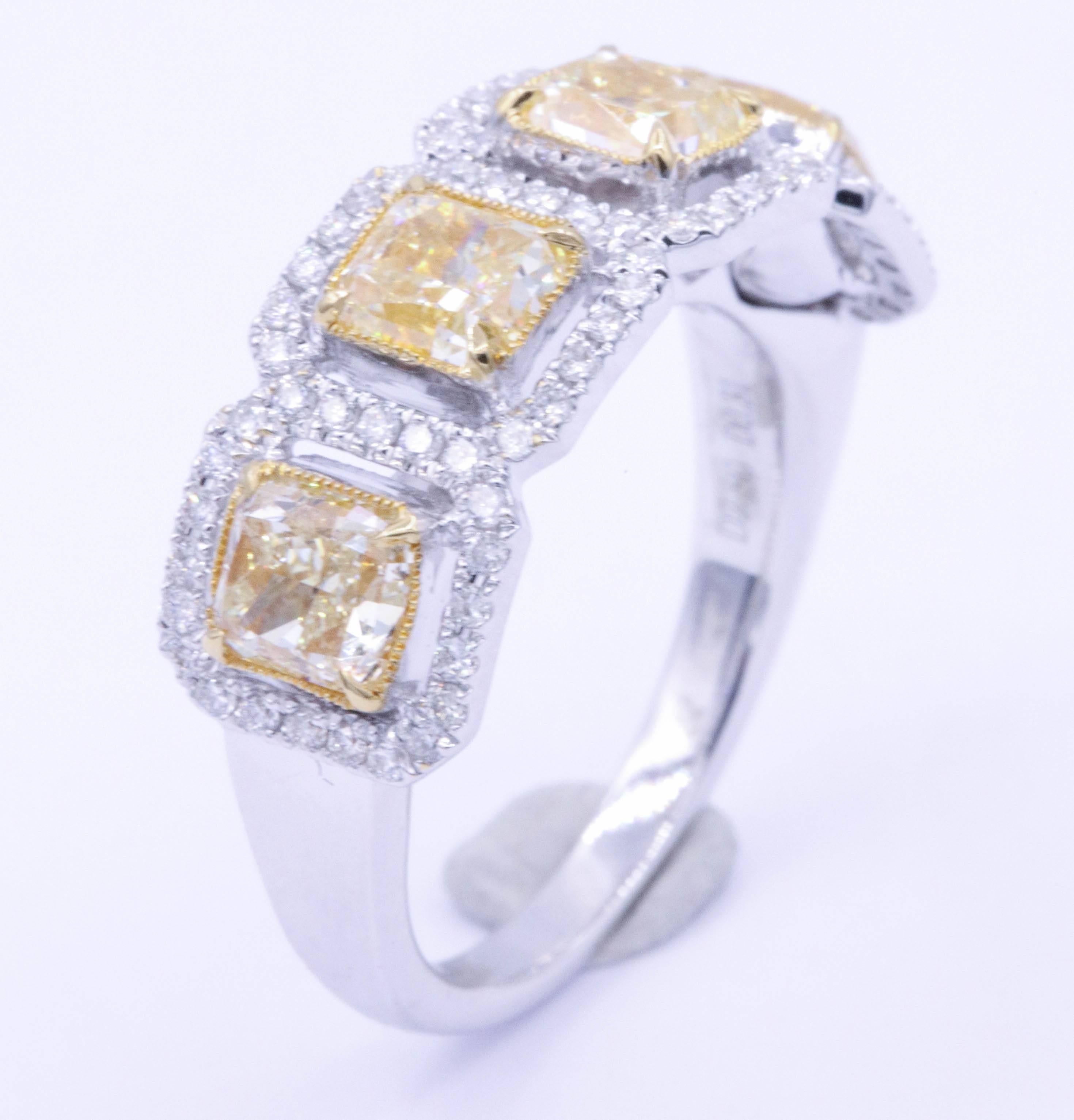 Four Yellow Diamonds Square Radiant and Diamonds Cocktail Ring In New Condition In New York, NY