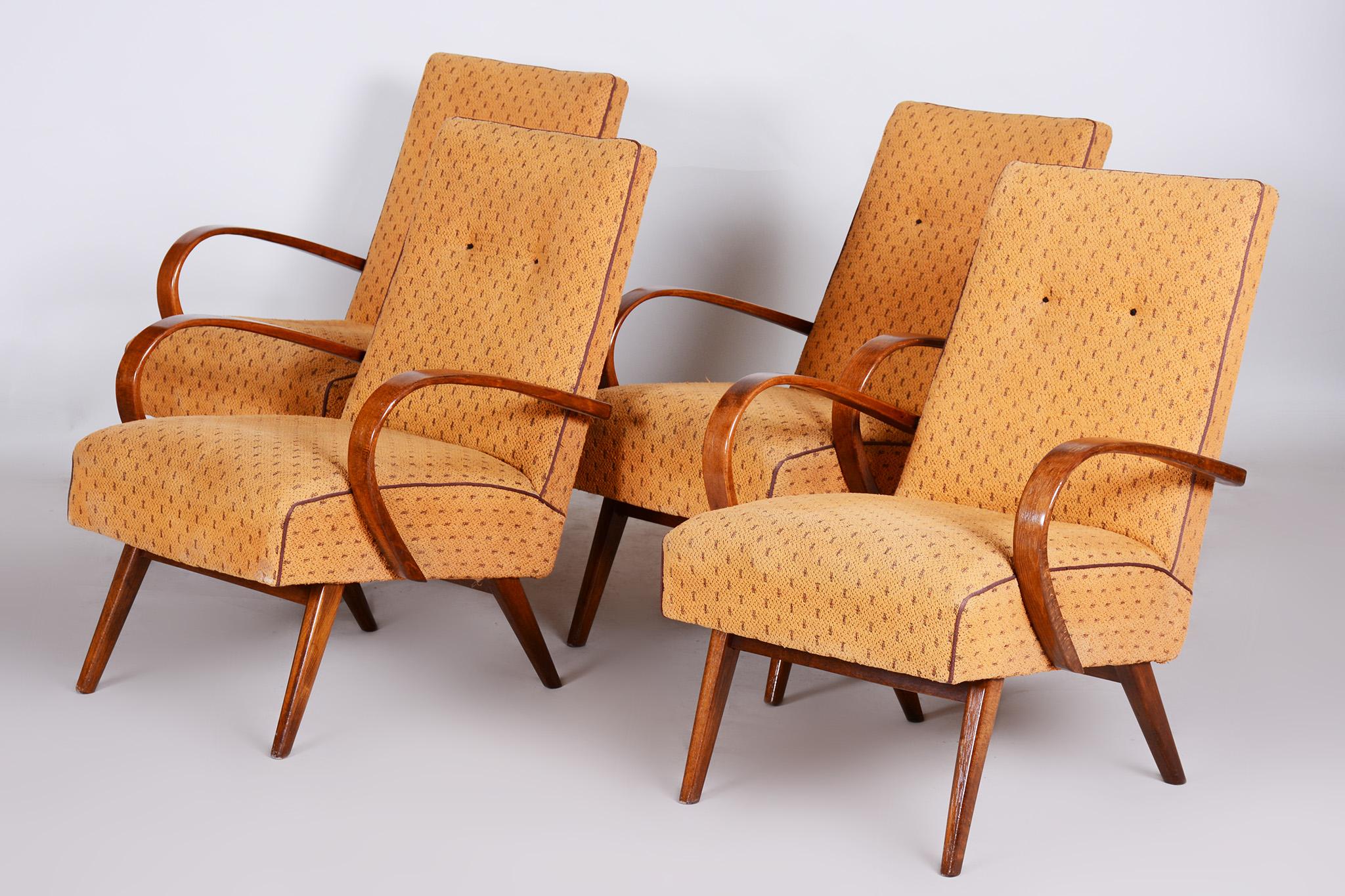 20th Century Four Yellow Mid Century Armchairs Made in 1950s Czechia, Original Condition For Sale