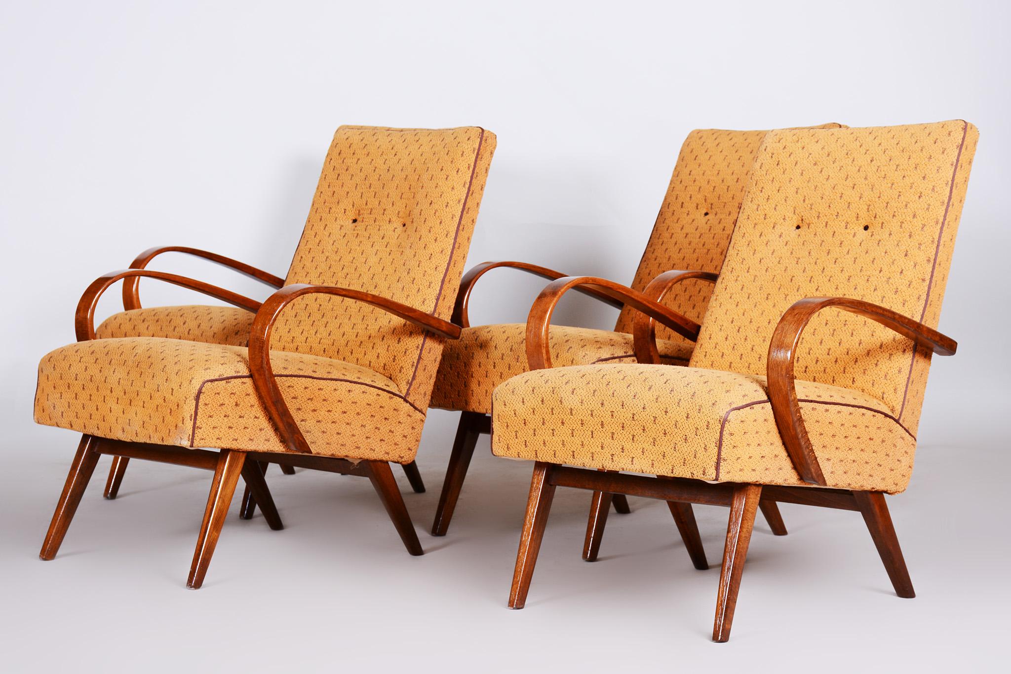 Fabric Four Yellow Mid Century Armchairs Made in 1950s Czechia, Original Condition For Sale
