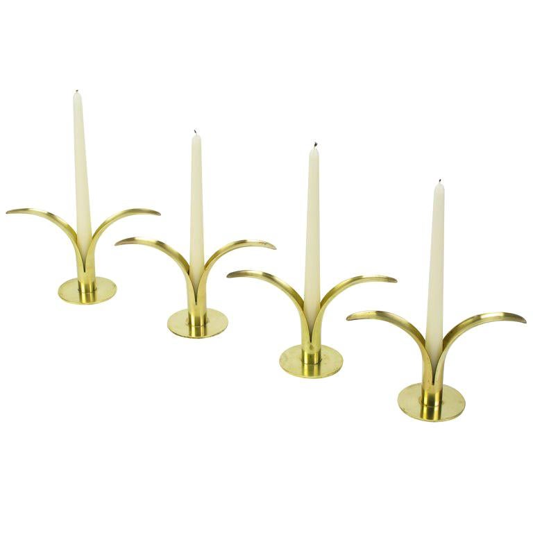 Four Ystad Of Sweden Brass Open Leaf Candlesticks