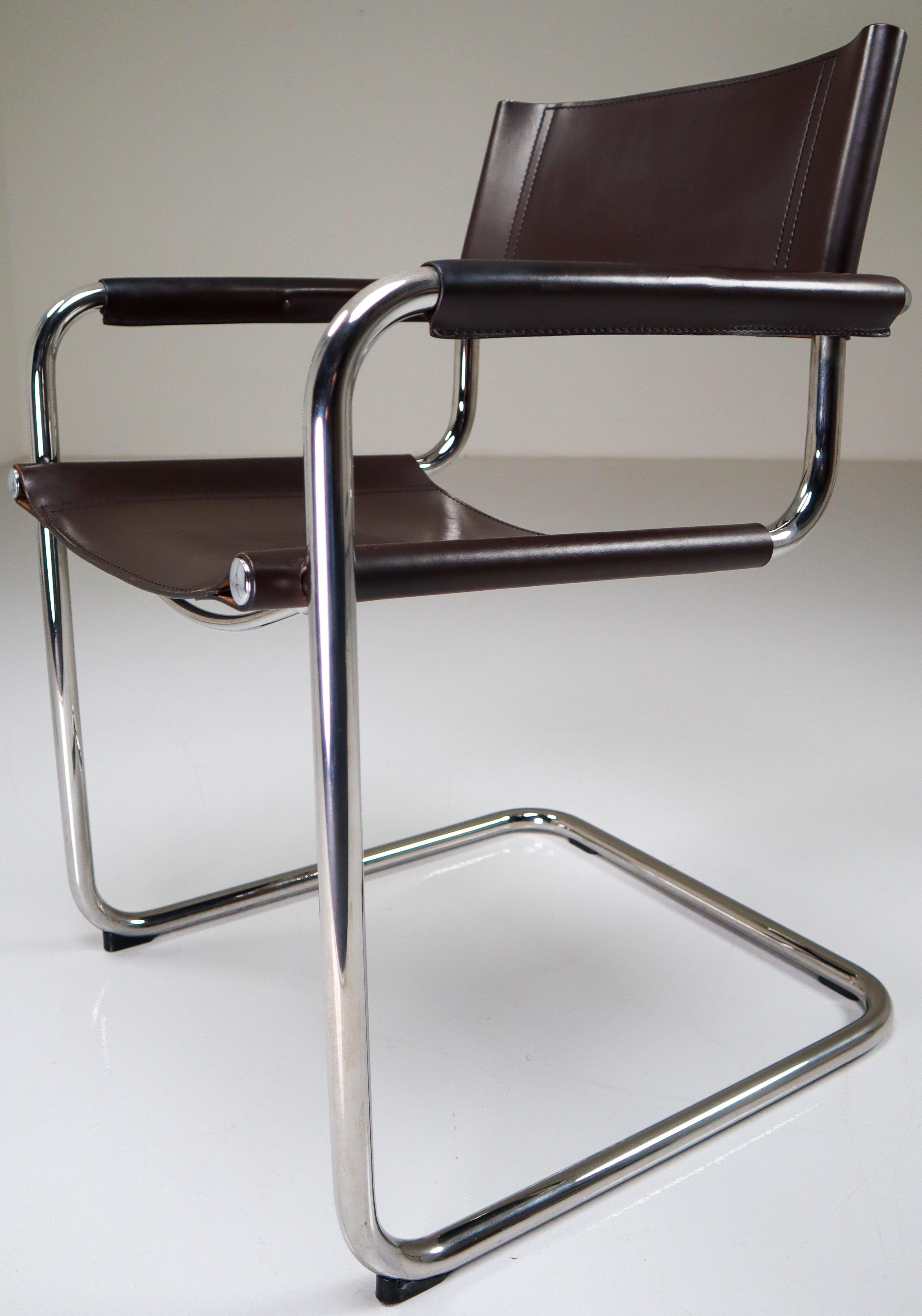 Mid-Century Modern Four Mart Stam Model S33 Chocolate Brown Leather Cantilever Chairs by Fasem