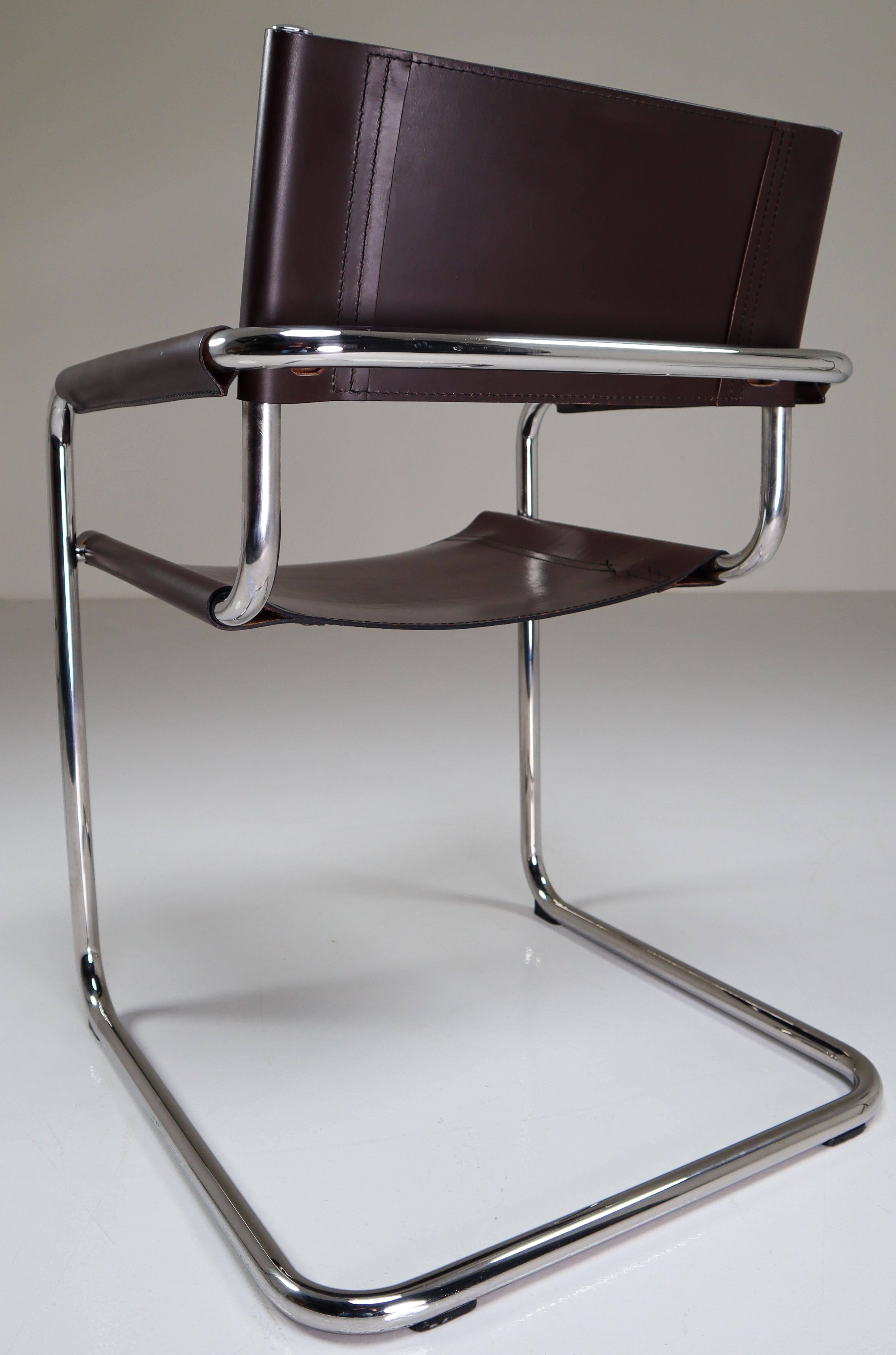 Four Mart Stam Model S33 Chocolate Brown Leather Cantilever Chairs by Fasem In Good Condition In Almelo, NL