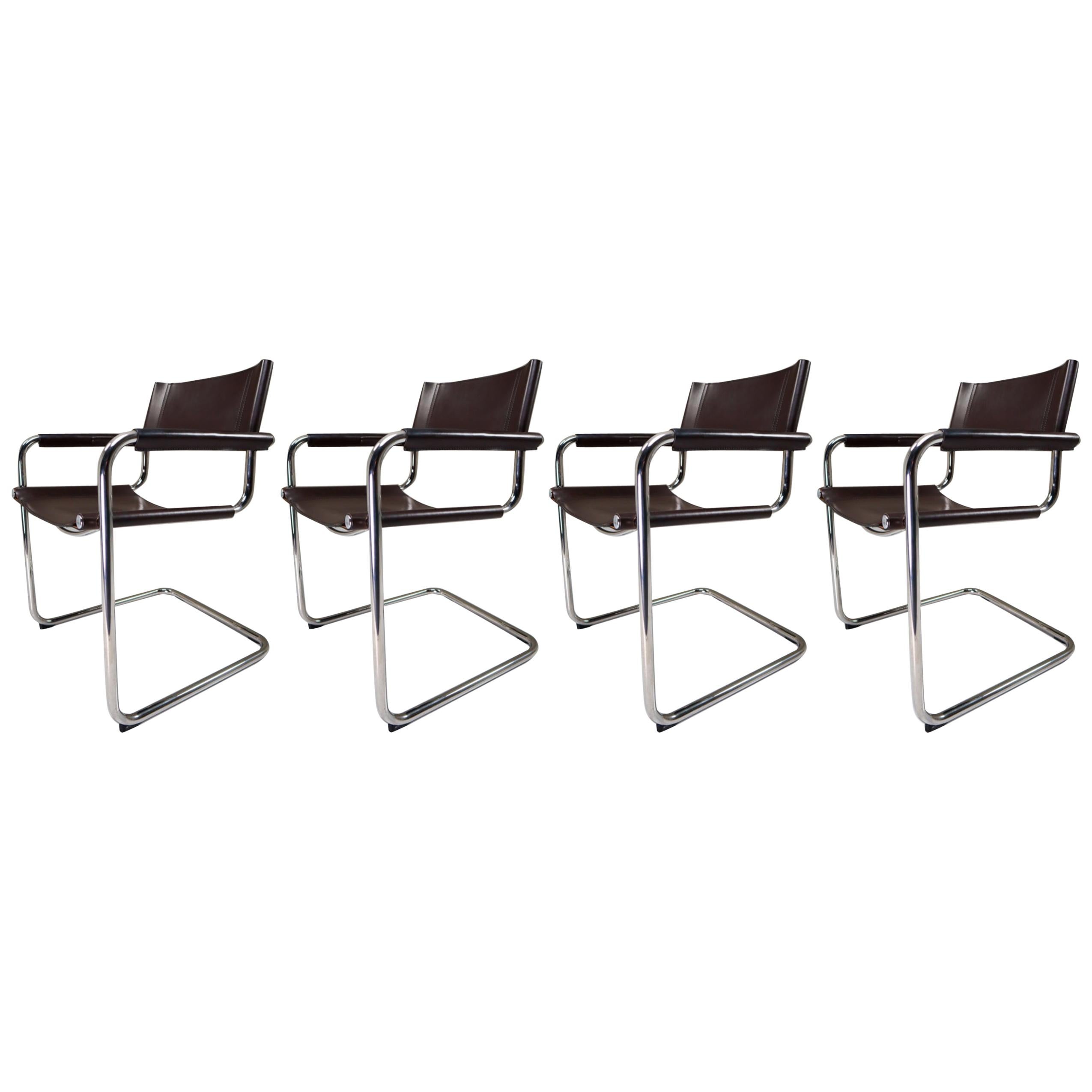 Four Mart Stam Model S33 Chocolate Brown Leather Cantilever Chairs by Fasem