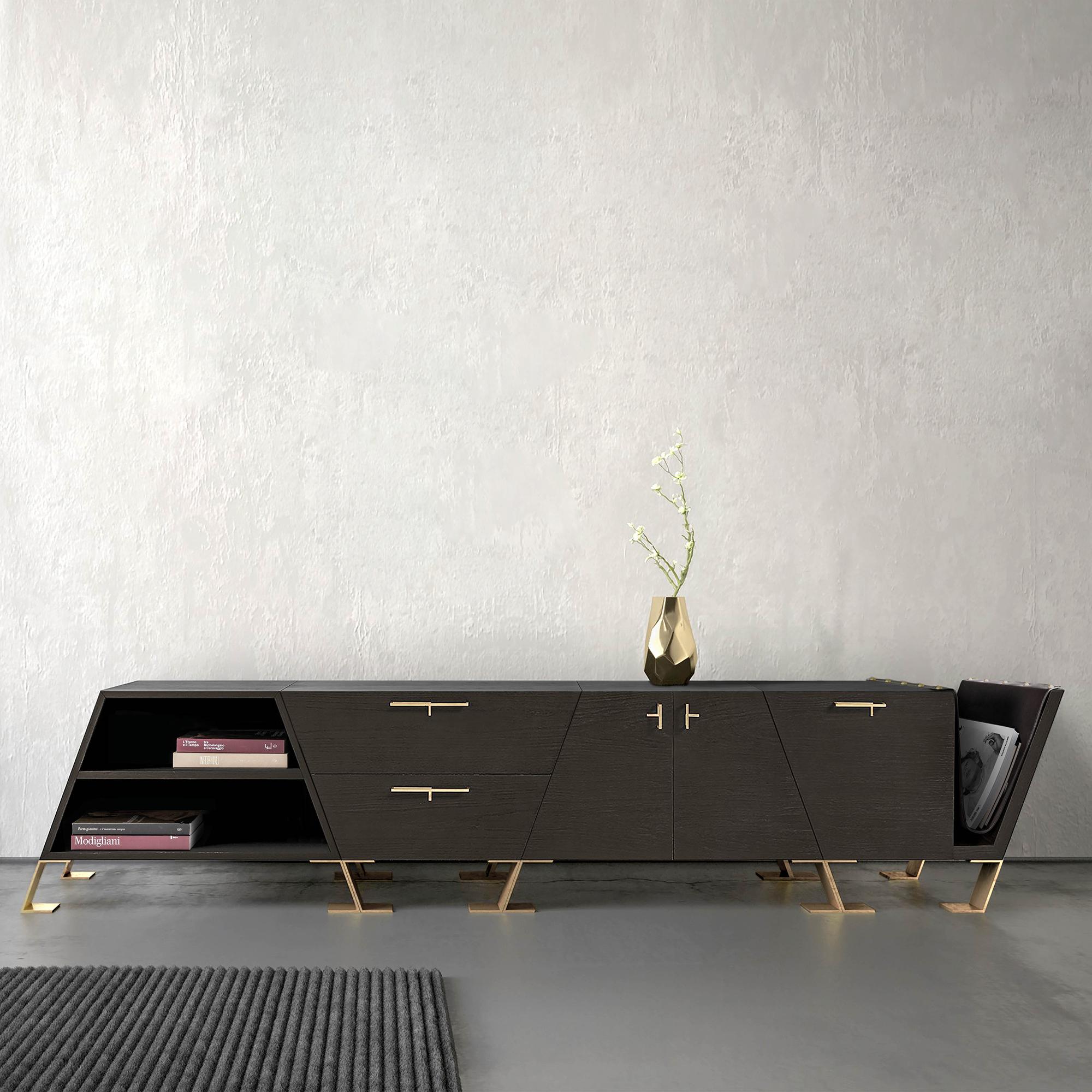 The Fourmosa credenza is an object of splendid craftsmanship without pre-defined measurements. It is composed of four elements, each with its own functionality and aesthetics; the component pieces can exist on their own or be combined at