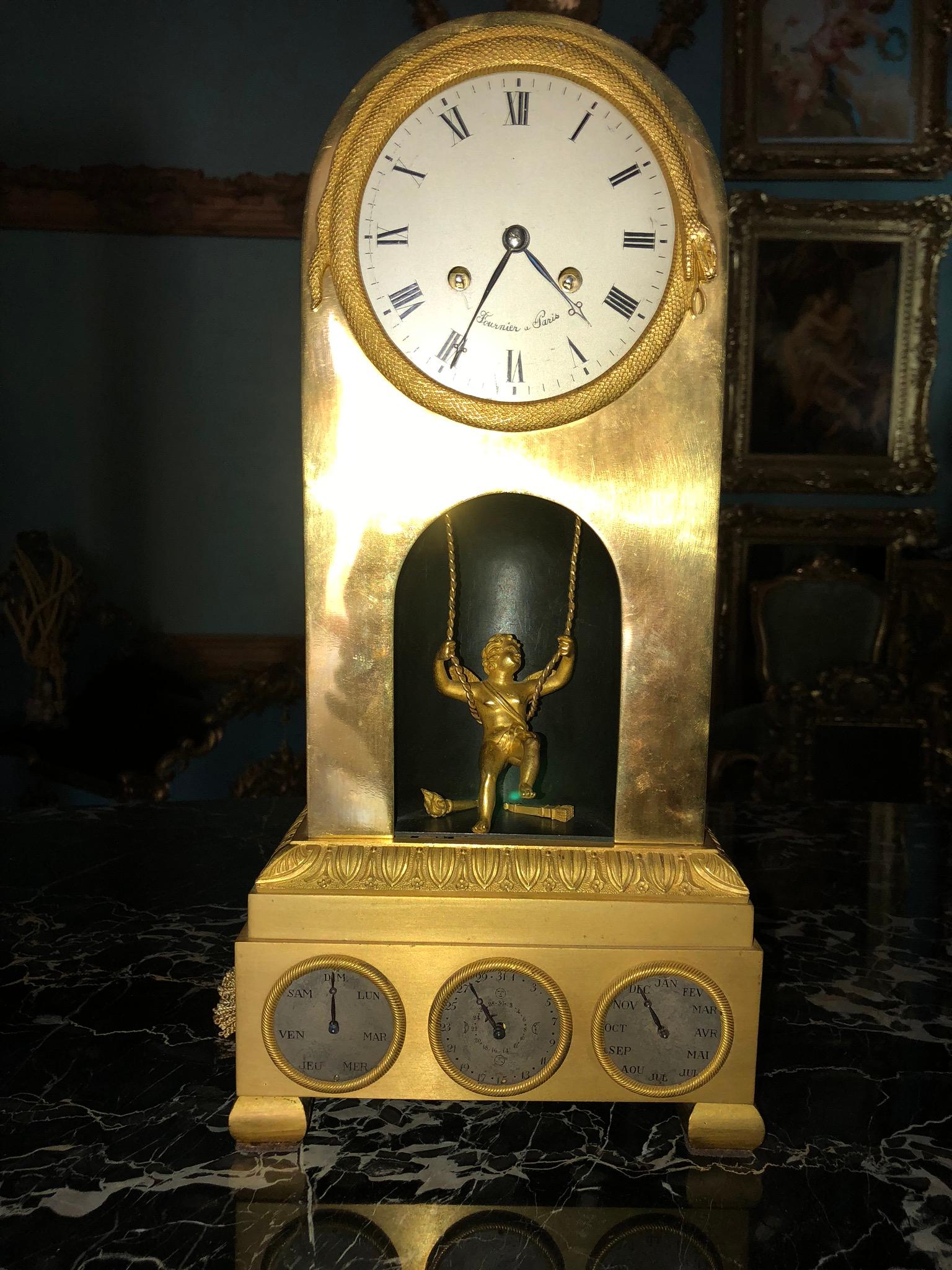 Fournier Louis XVI Mantel Clock, Gilt Bronze, Cupid Pend, Month-day-date France For Sale 6