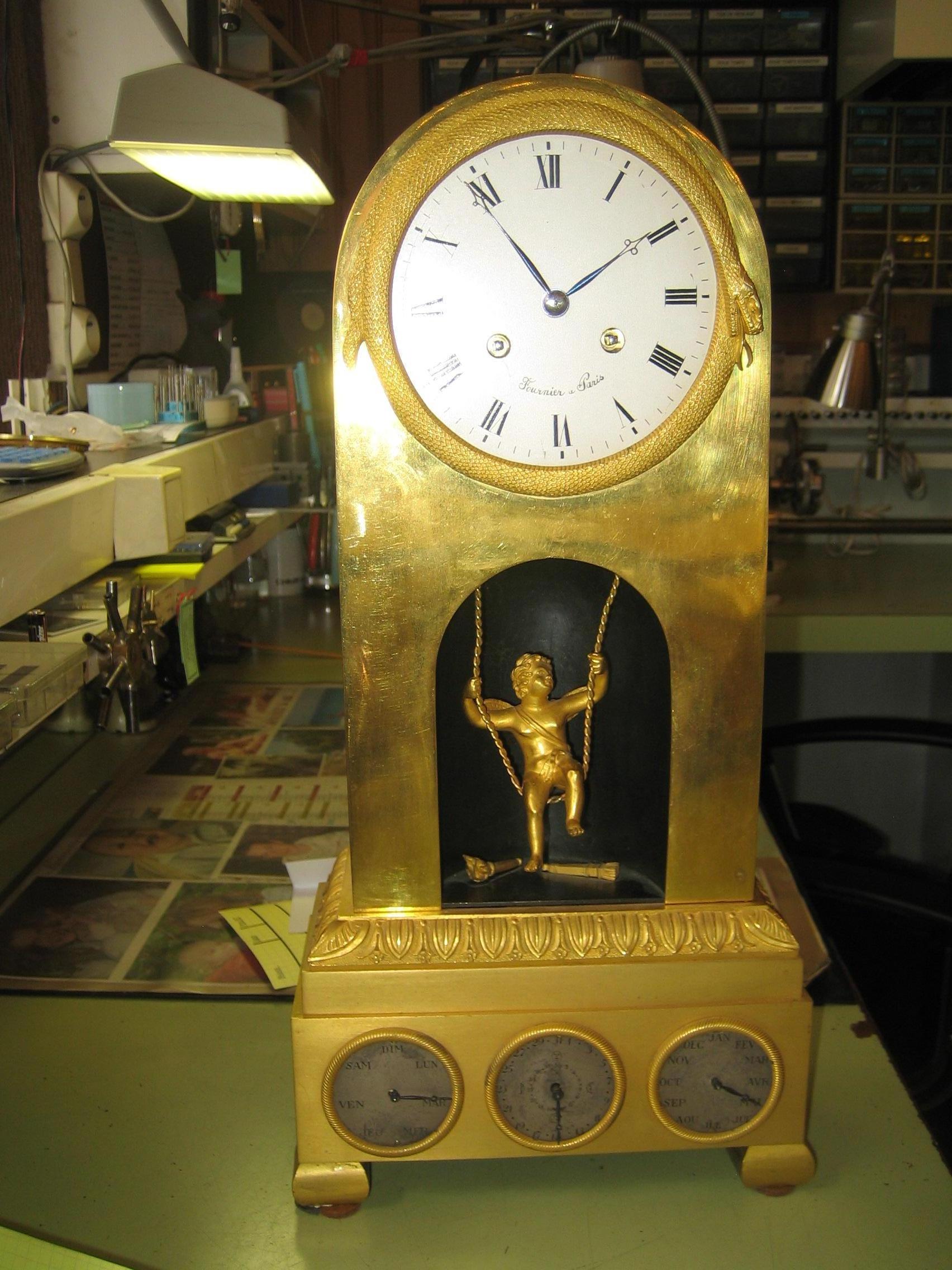Fournier Louis XVI Mantel Clock, Gilt Bronze, Cupid Pend, Month-day-date France For Sale 8
