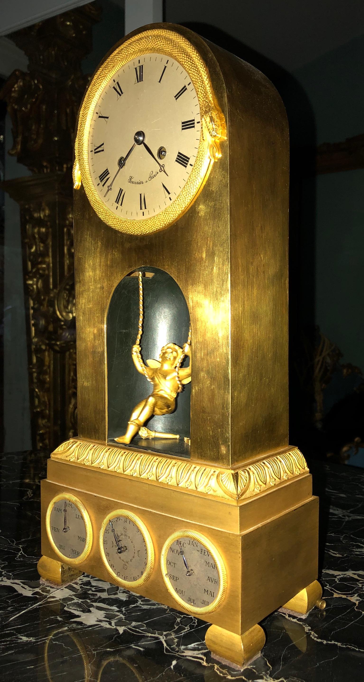 French Fournier Louis XVI Mantel Clock, Gilt Bronze, Cupid Pend, Month-day-date France For Sale