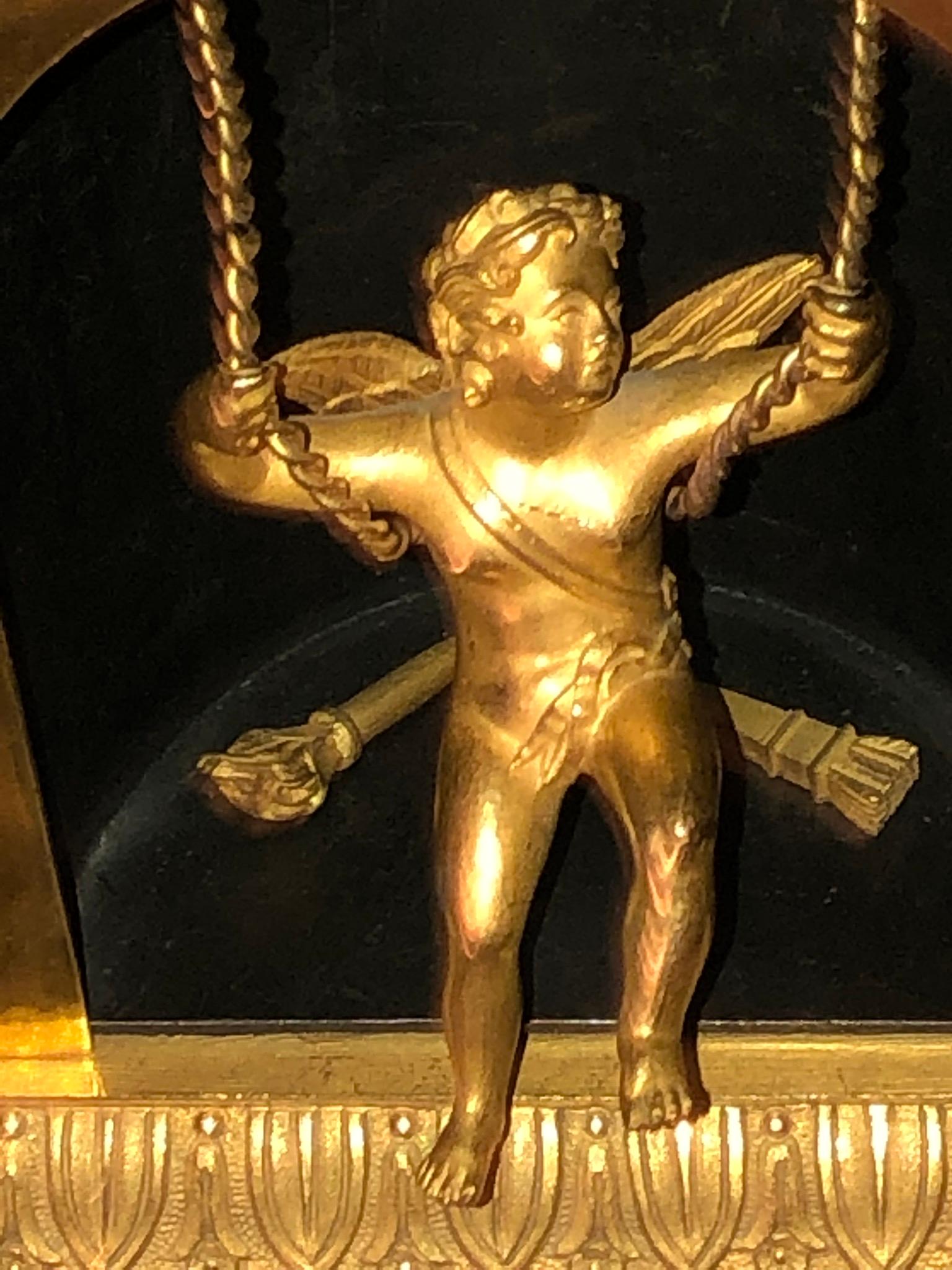 Fournier Louis XVI Mantel Clock, Gilt Bronze, Cupid Pend, Month-day-date France In Good Condition For Sale In Fort Lauderdale, FL
