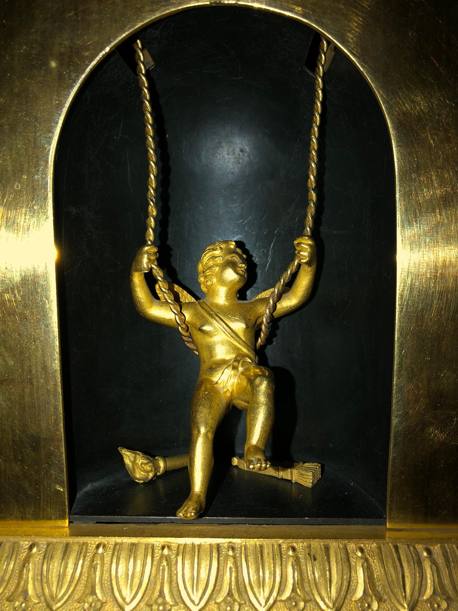 Fournier Louis XVI Mantel Clock, Gilt Bronze, Cupid Pend, Month-day-date France For Sale 2