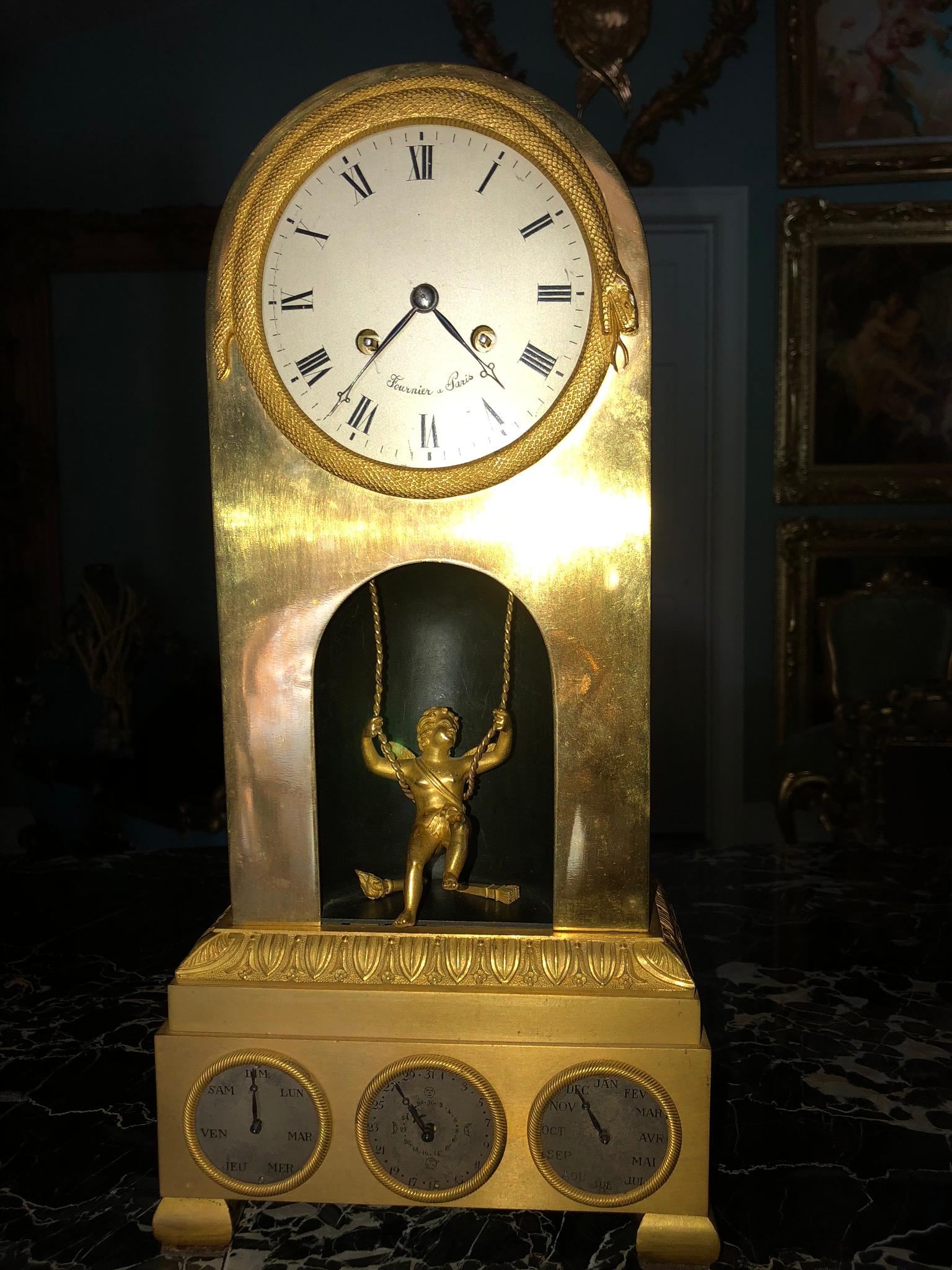 Fournier Louis XVI Mantel Clock, Gilt Bronze, Cupid Pend, Month-day-date France For Sale 4