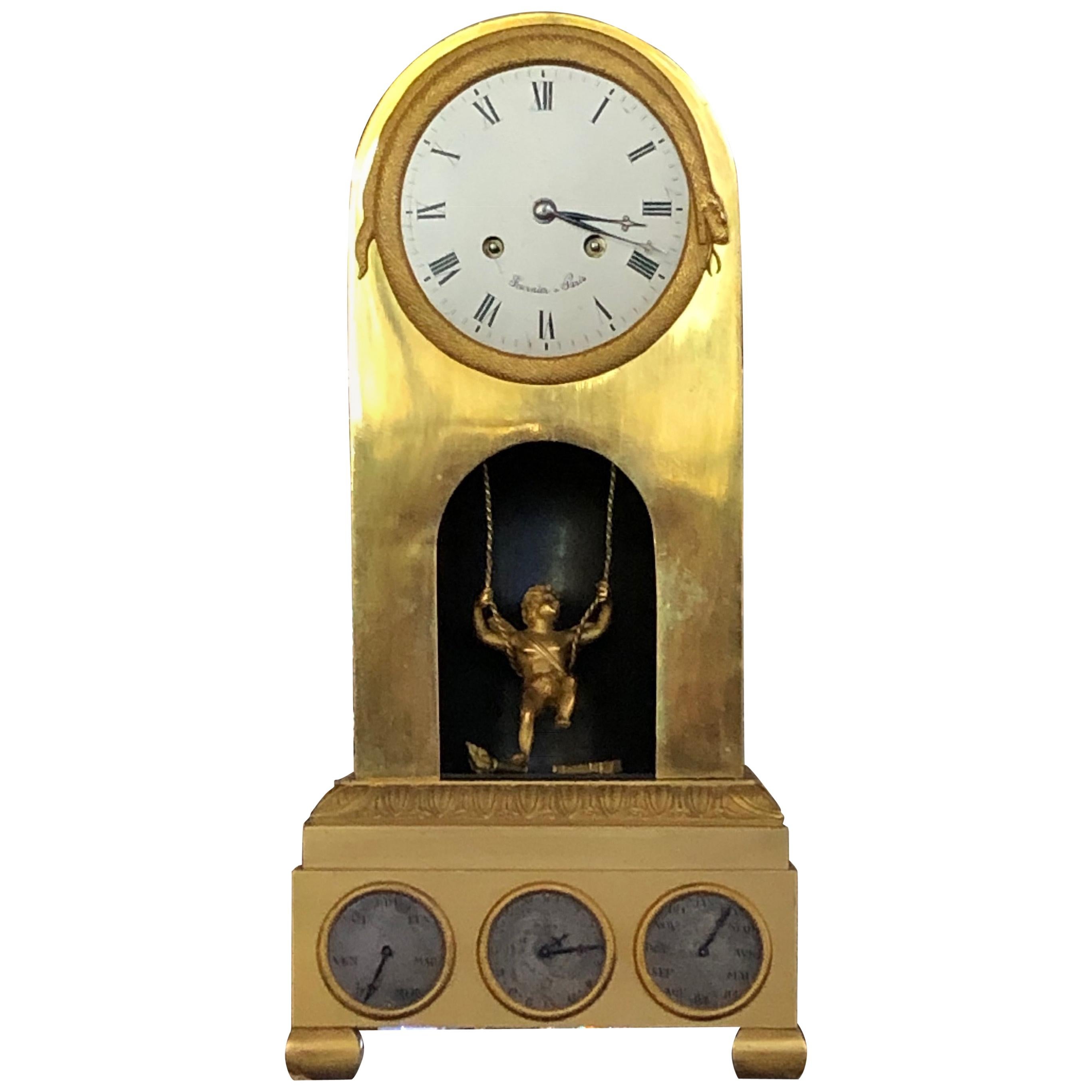 Fournier Louis XVI Mantel Clock, Gilt Bronze, Cupid Pend, Month-day-date France For Sale