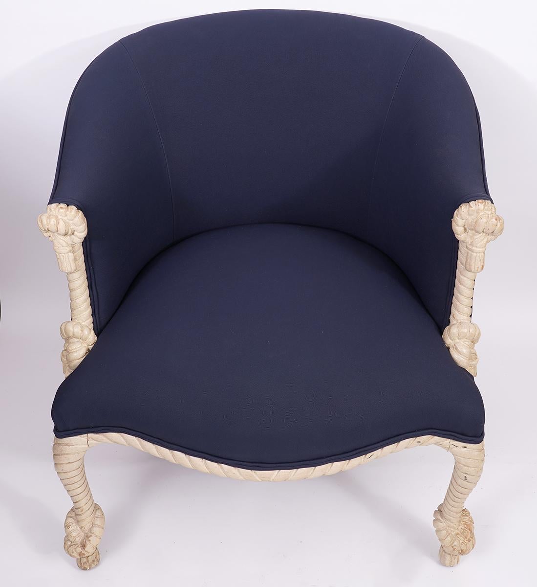 French Fournier Style Rope, Knots and Tassel Carved and Painted upholstered Tub Chair