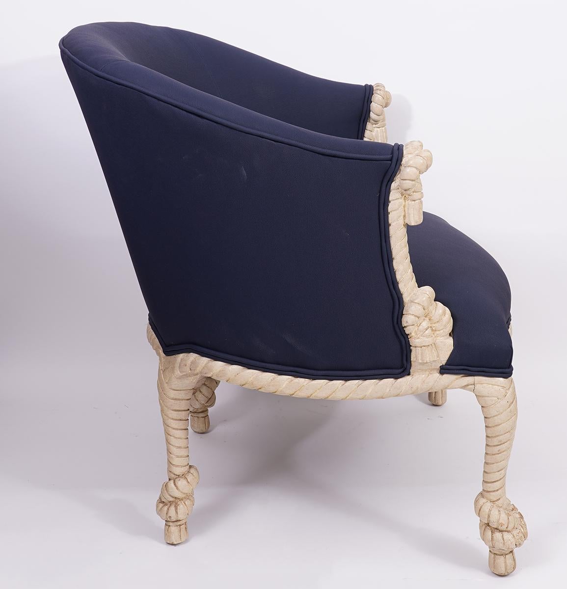 Fournier Style Rope, Knots and Tassel Carved and Painted upholstered Tub Chair In Good Condition In Ft. Lauderdale, FL