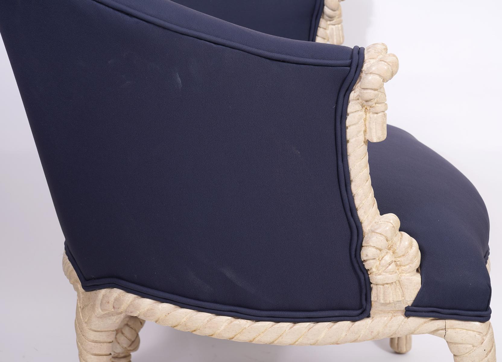 20th Century Fournier Style Rope, Knots and Tassel Carved and Painted upholstered Tub Chair