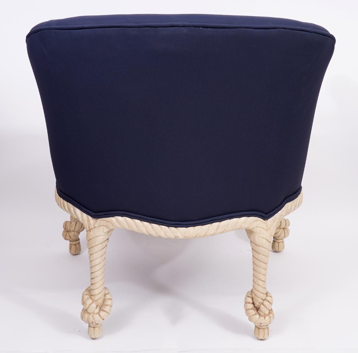 Fournier Style Rope, Knots and Tassel Carved and Painted upholstered Tub Chair 1
