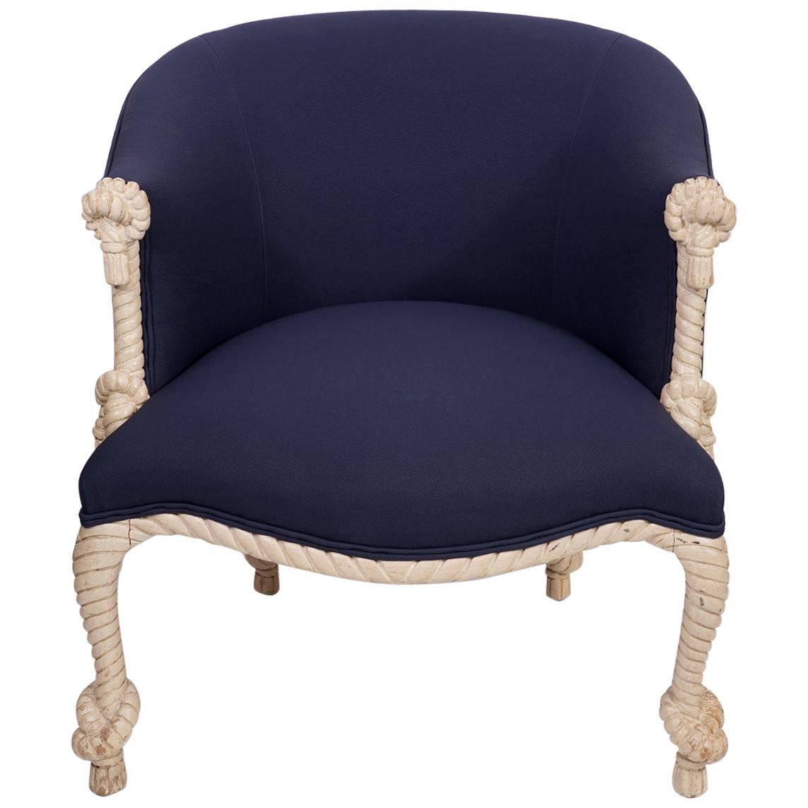 Fournier Style Rope, Knots and Tassel Carved and Painted upholstered Tub Chair