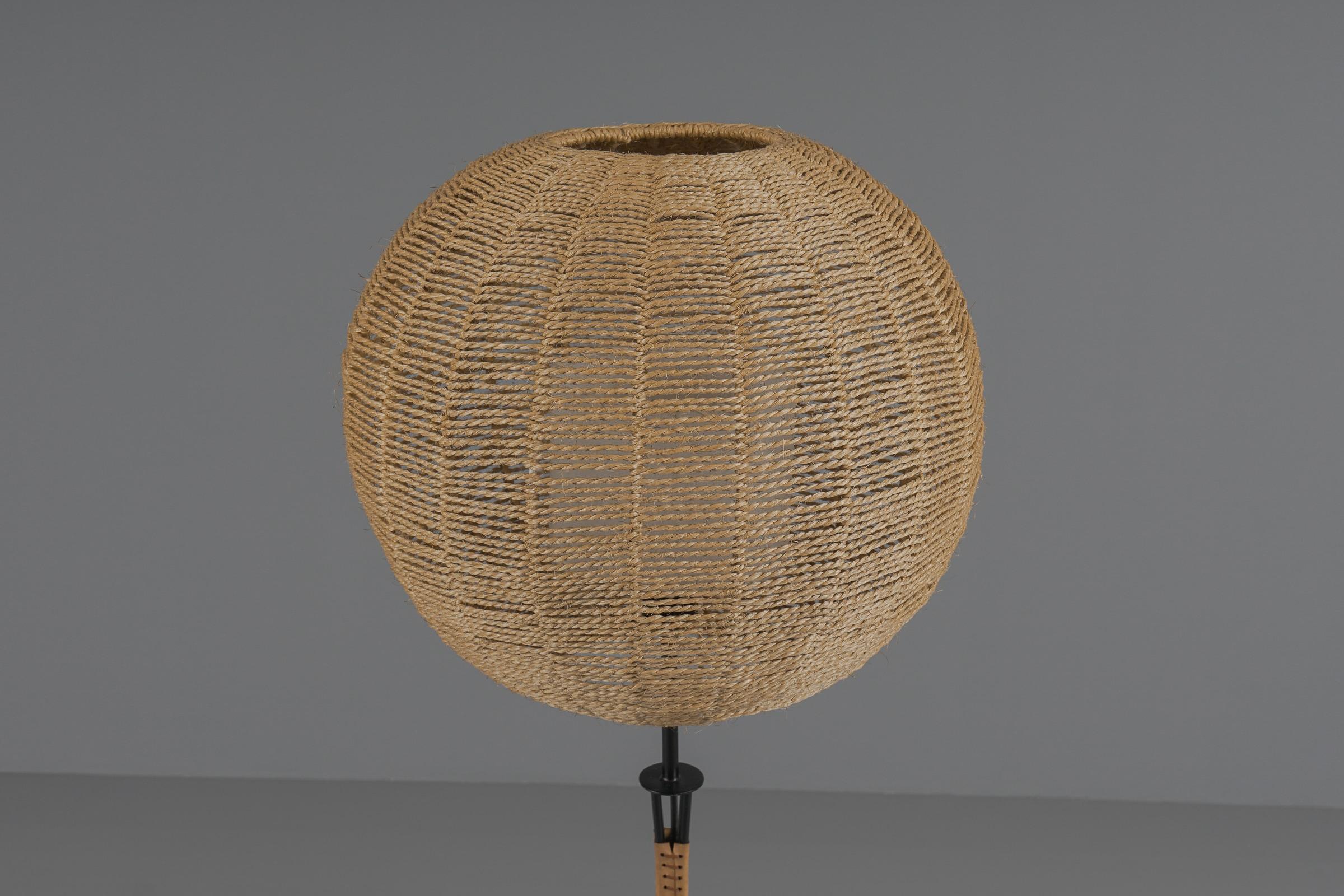 Mid-20th Century Fourpod String Floor Lamp in Metal, Leather and Jute, 1960s For Sale