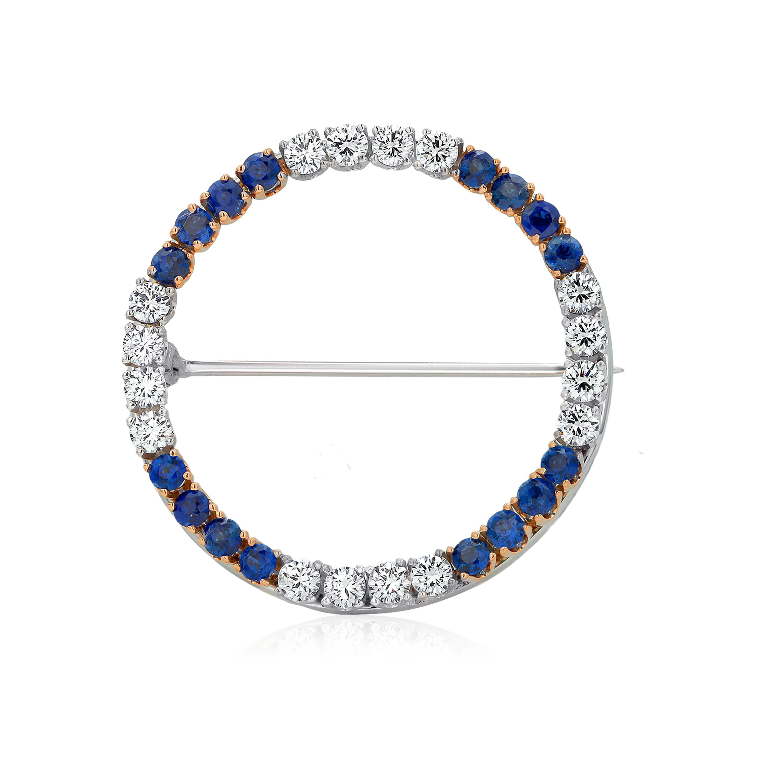 Fourteen Karat White and Yellow Gold Diamond and Sapphire Circle Brooch Pin  For Sale at 1stDibs