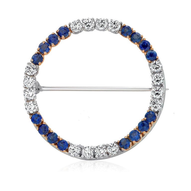 Fourteen Karat White and Yellow Gold Diamond and Sapphire Circle Brooch Pin In Good Condition For Sale In New York, NY