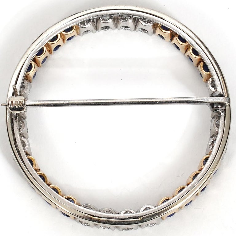 Women's or Men's Fourteen Karat White and Yellow Gold Diamond and Sapphire Circle Brooch Pin For Sale