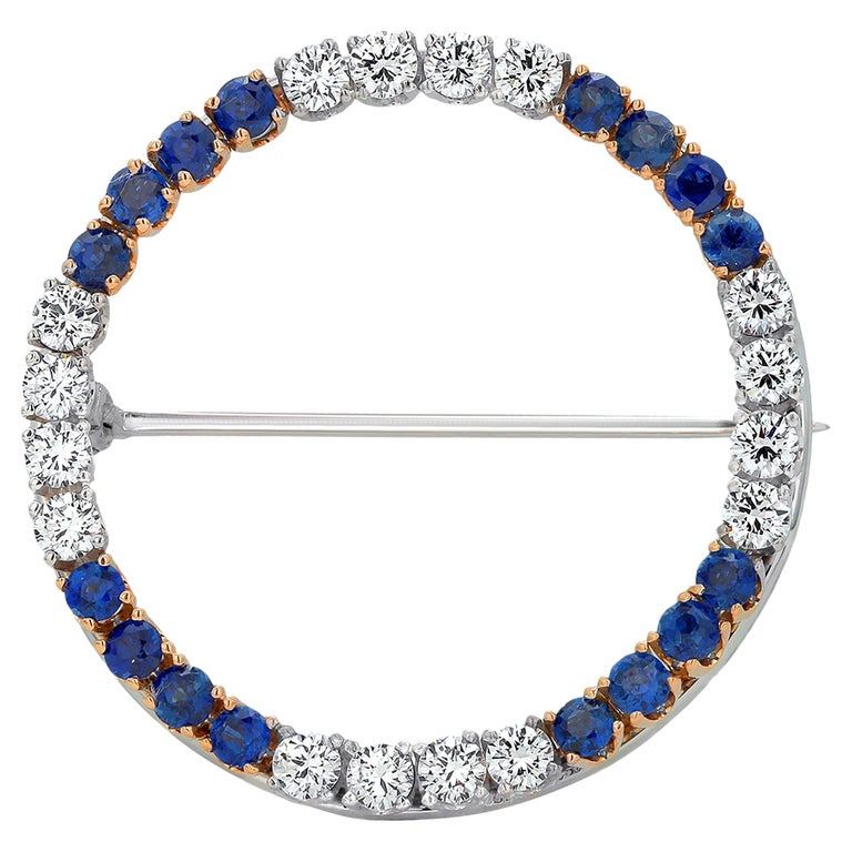 Fourteen Karat White and Yellow Gold Diamond and Sapphire Circle Brooch Pin For Sale