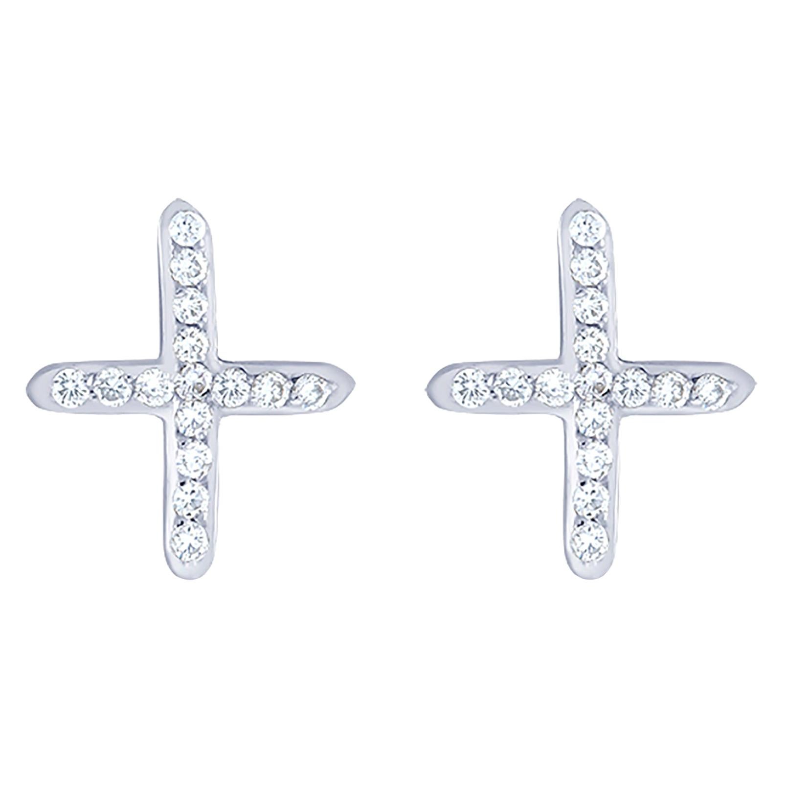 Contemporary Fourteen Karat White Gold Diamond Cross Stud Earrings