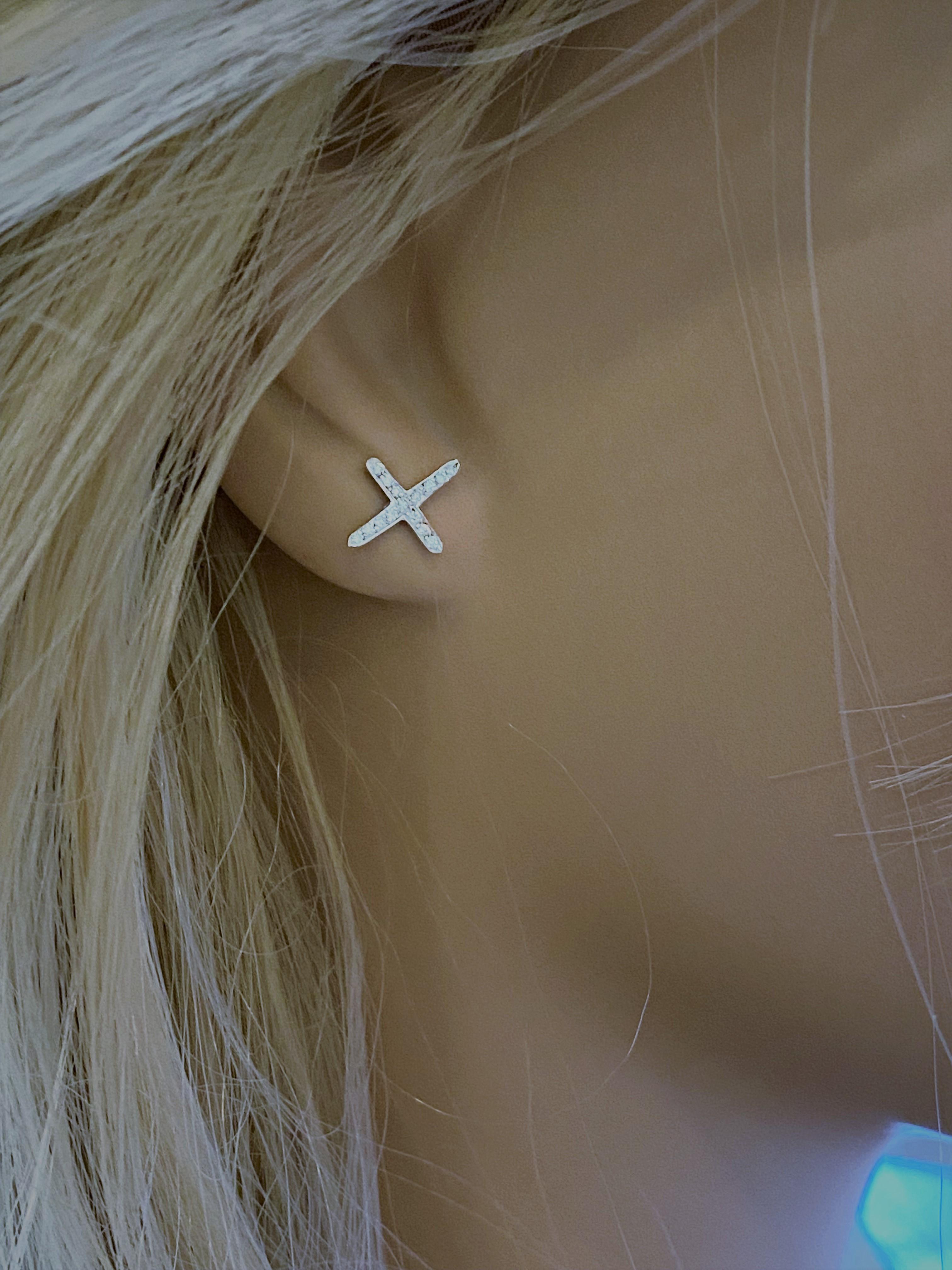 Round Cut Fourteen Karat White Gold Diamond Cross Stud Earrings