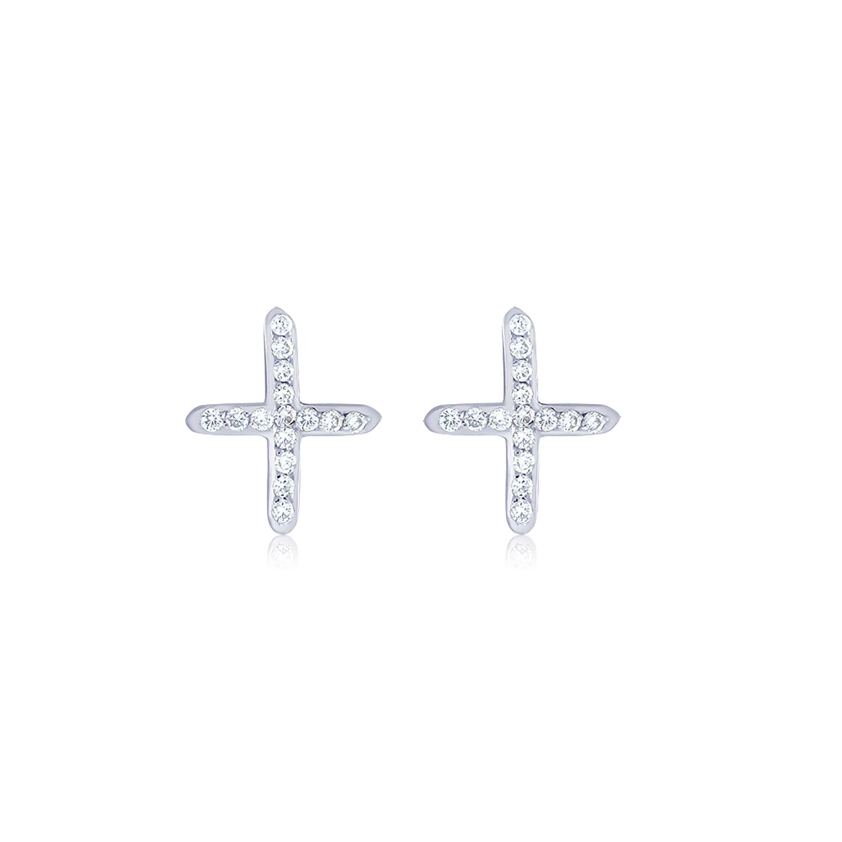 Fourteen Karat White Gold Diamond Cross Stud Earrings In New Condition In New York, NY