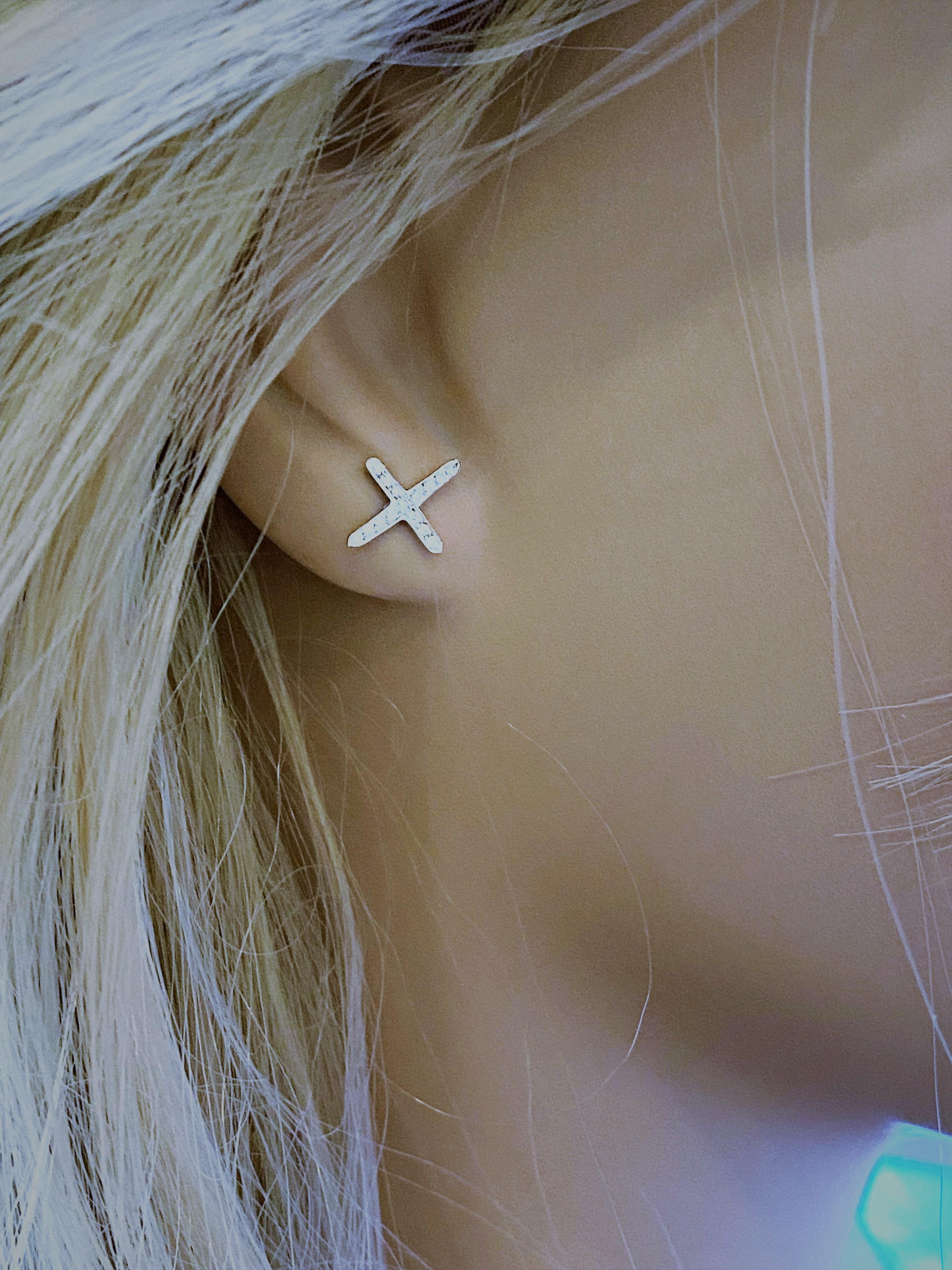 Women's or Men's Fourteen Karat White Gold Diamond Cross Stud Earrings