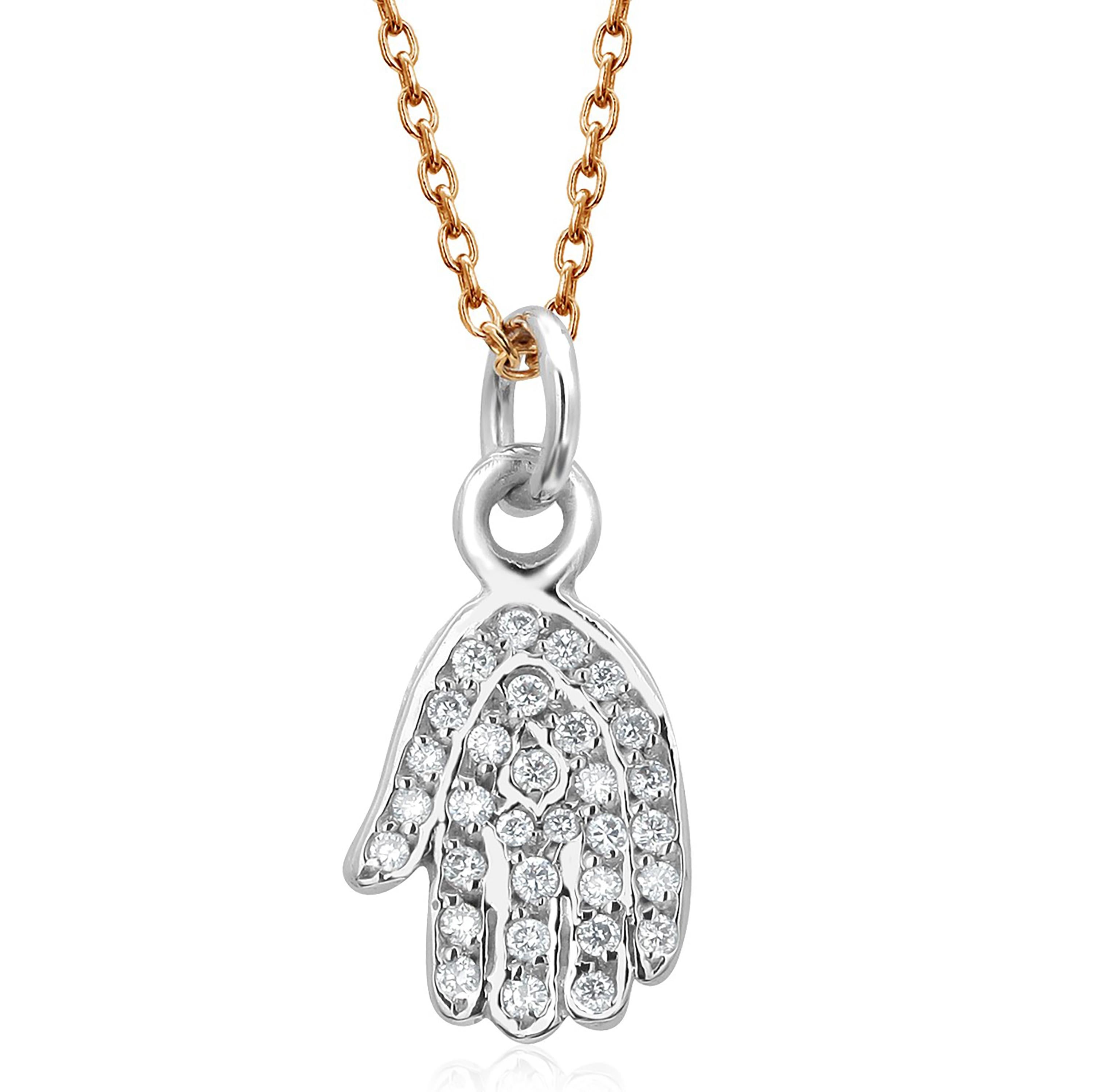 Women's or Men's Fourteen Karat White Gold Diamond Luck Hand Charm Yellow Gold Necklace Pendant