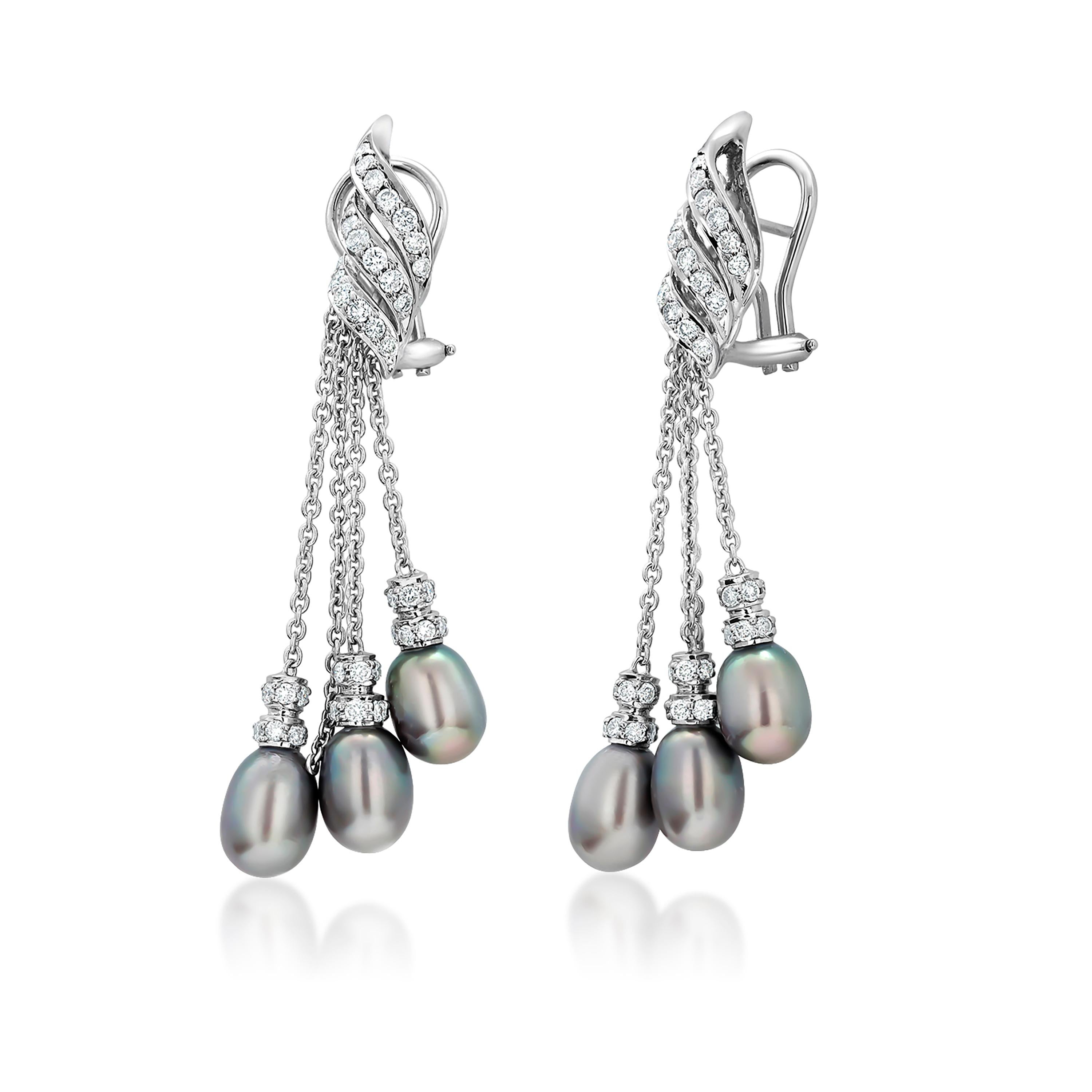 Modernist Fourteen Karat White Gold Drop Earrings Natural Gray Pearls and Diamond Pendants